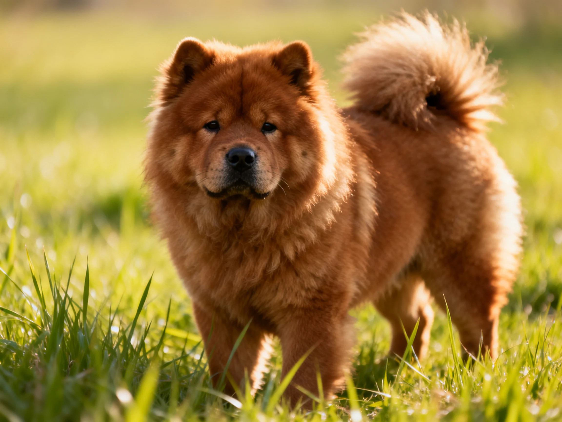 A fluffy reddish - brown Chow stands in sunlit green grass