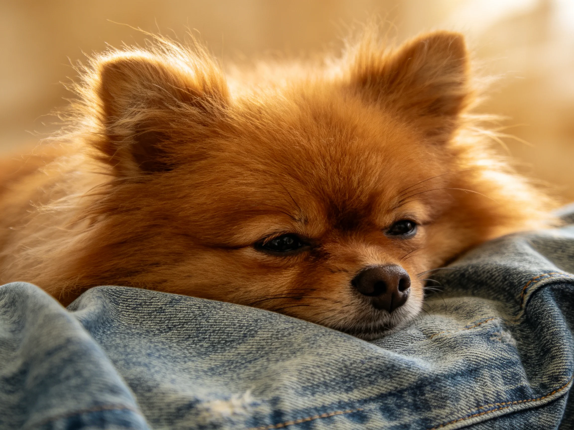 A fluffy reddish - brown Pomeranian rests on faded blue denim
