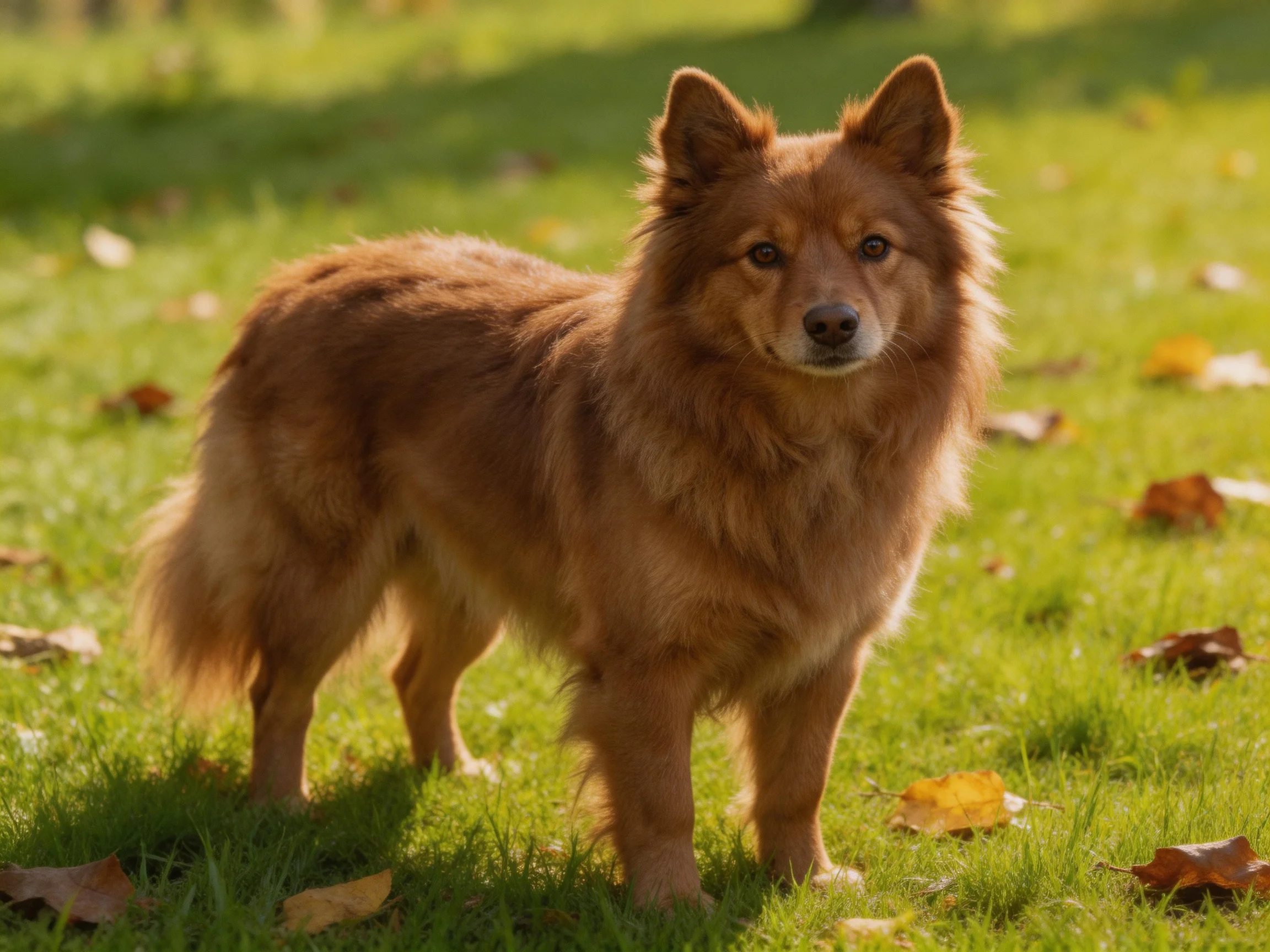 A fluffy reddish - brown dog stands on a leaf - speckled green lawn