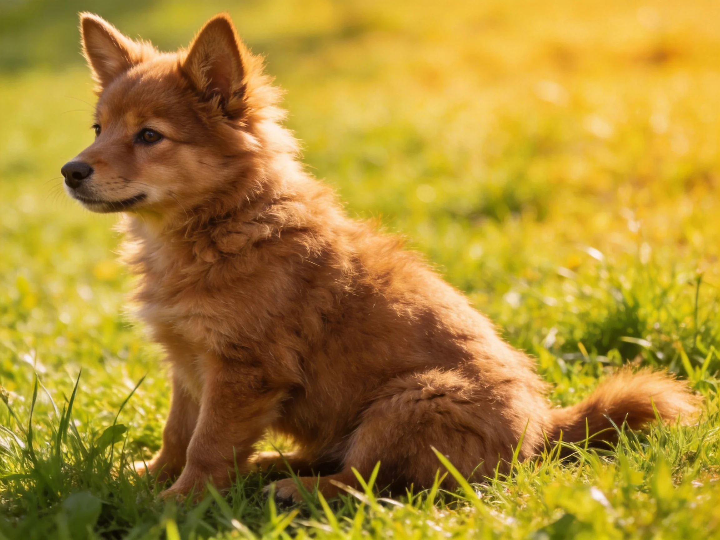 A reddish-brown dog sits calmly on green grass in sunlight.