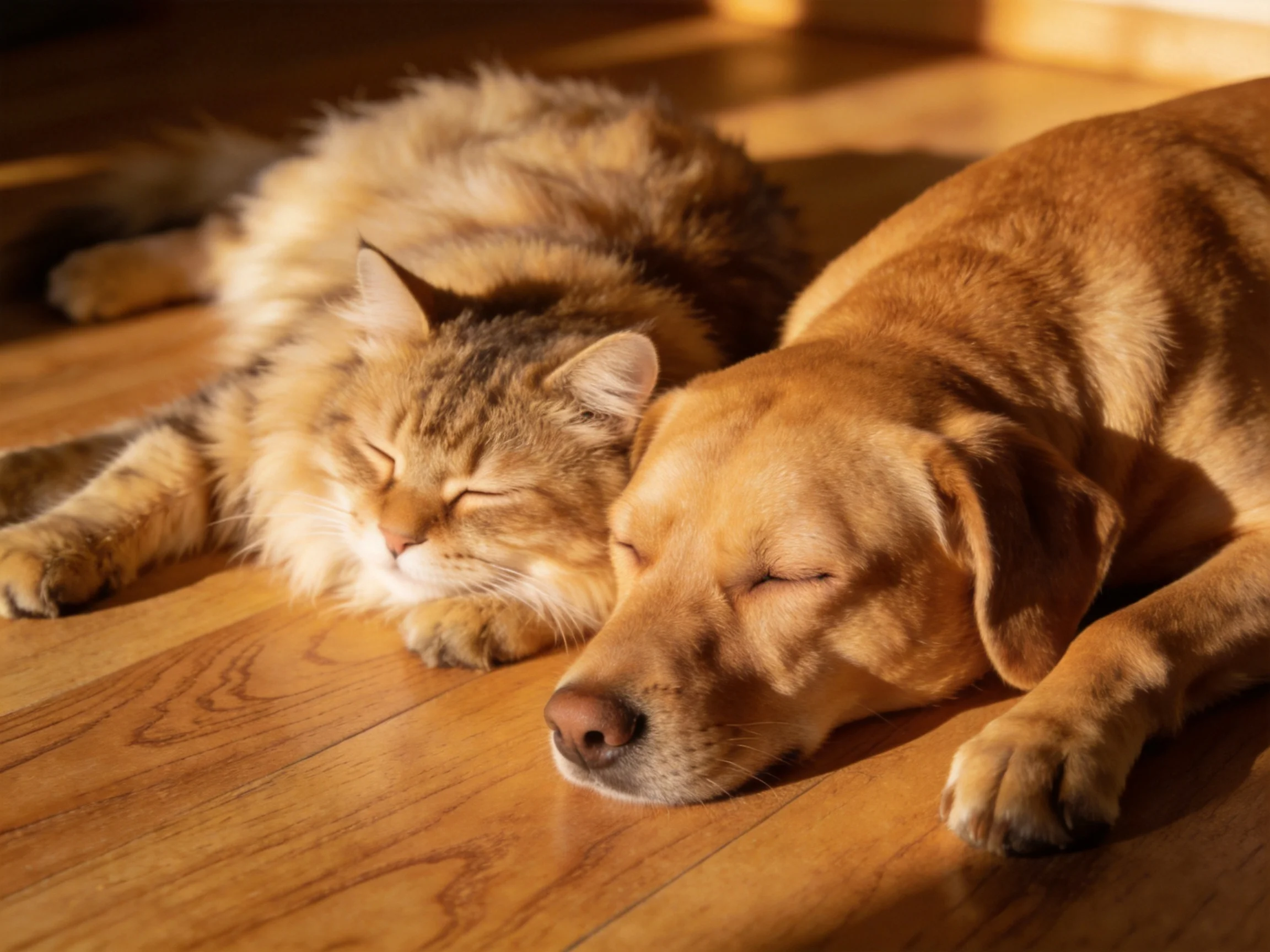 A tabby cat and golden dog rest together on a wooden floor