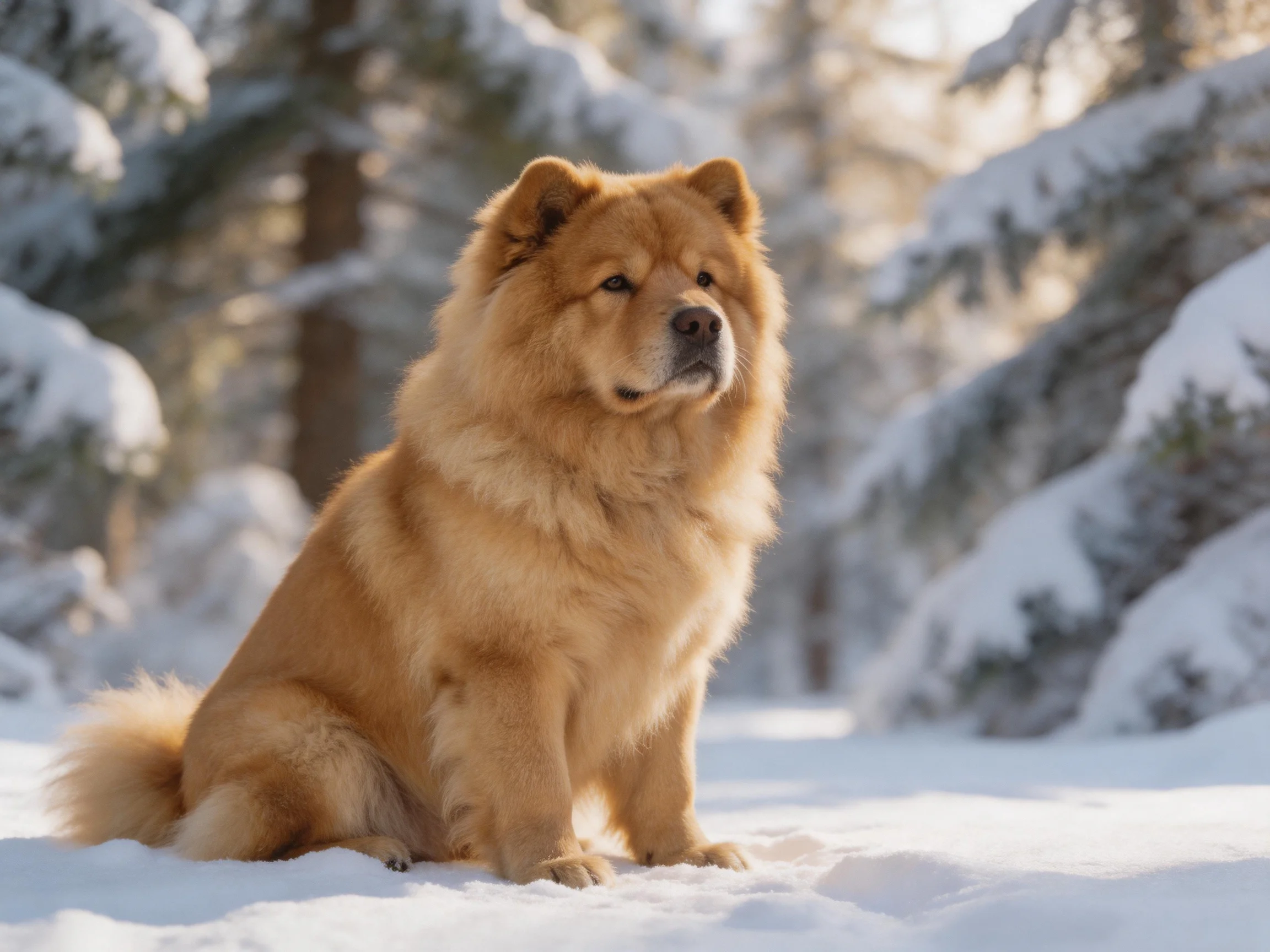 A fluffy tan Chow dog sits in a snow - filled forest