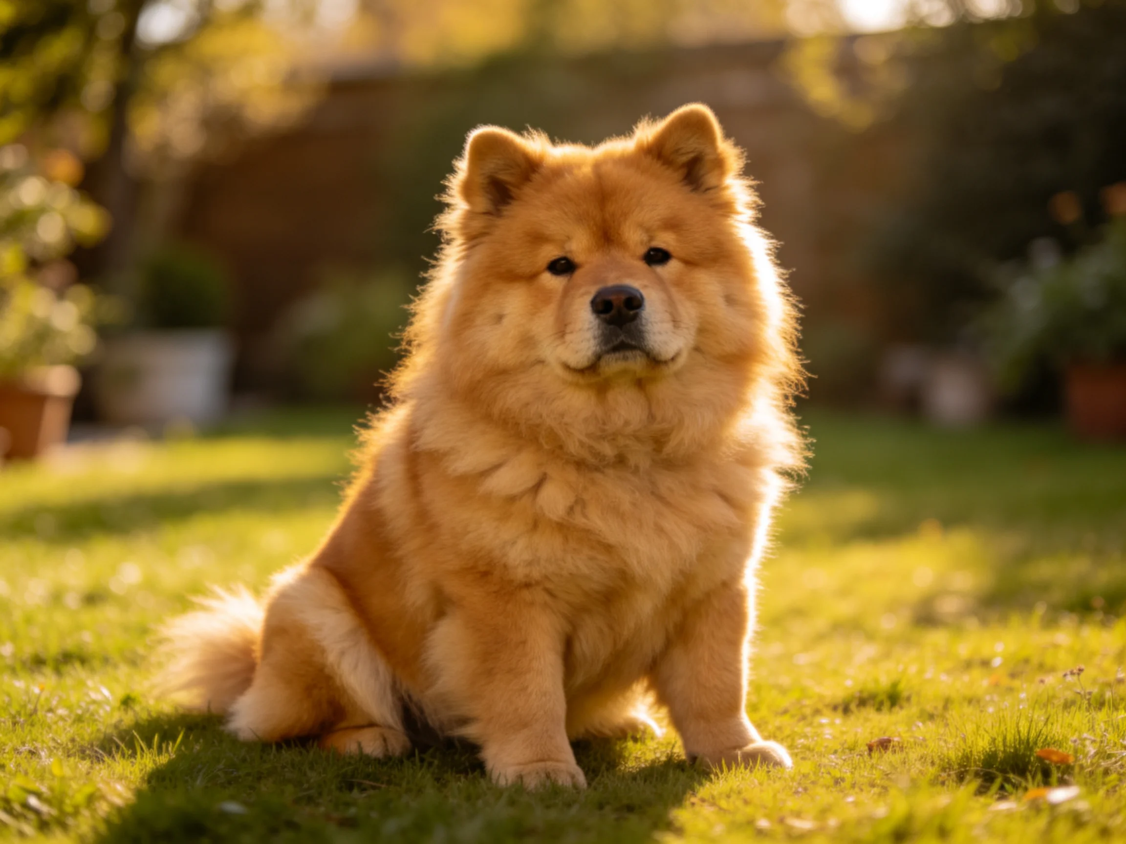 A fluffy tan Chow dog sits on sunlit green grass