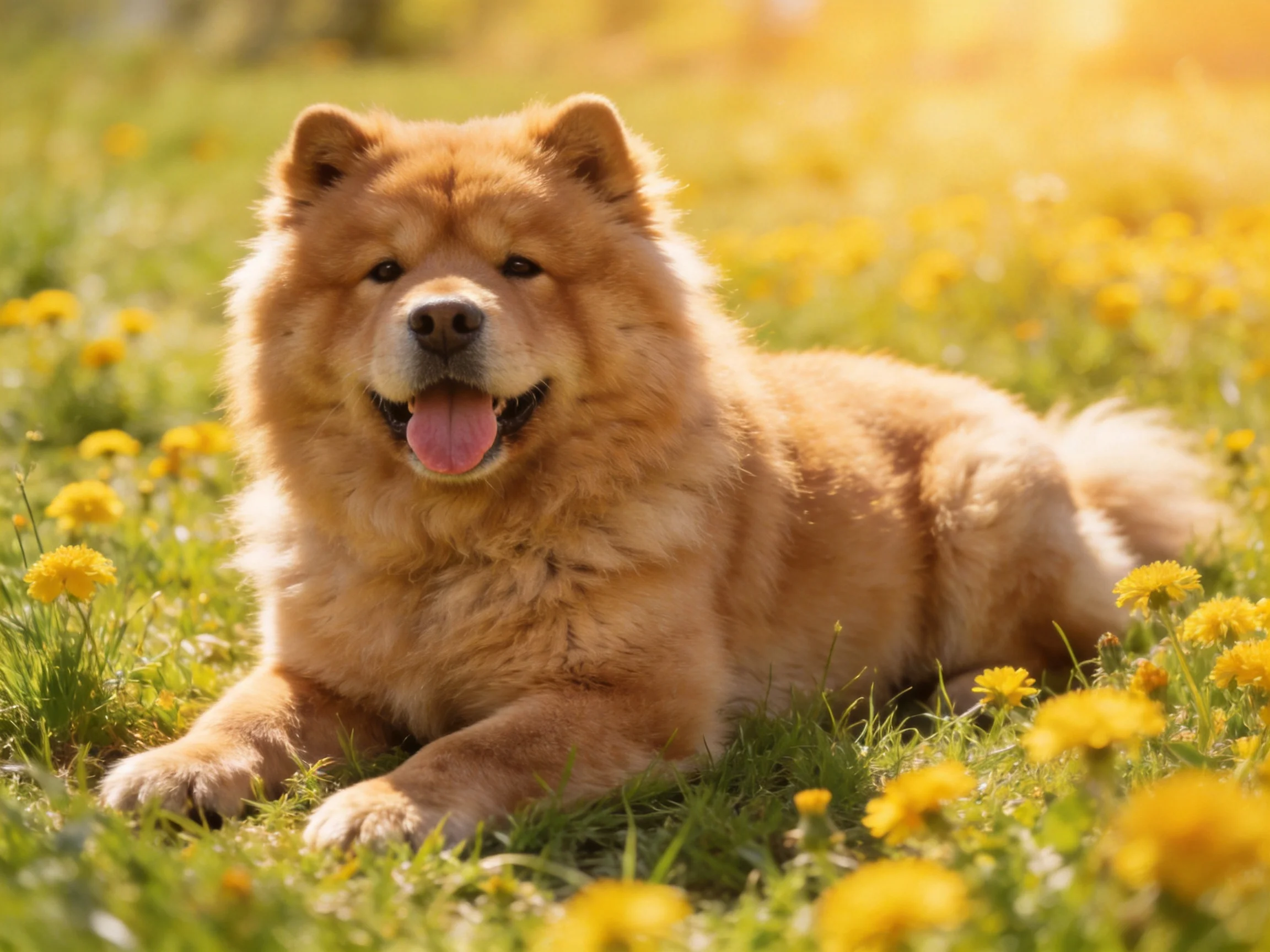 A fluffy tan Chow rests amid vibrant yellow wildflowers