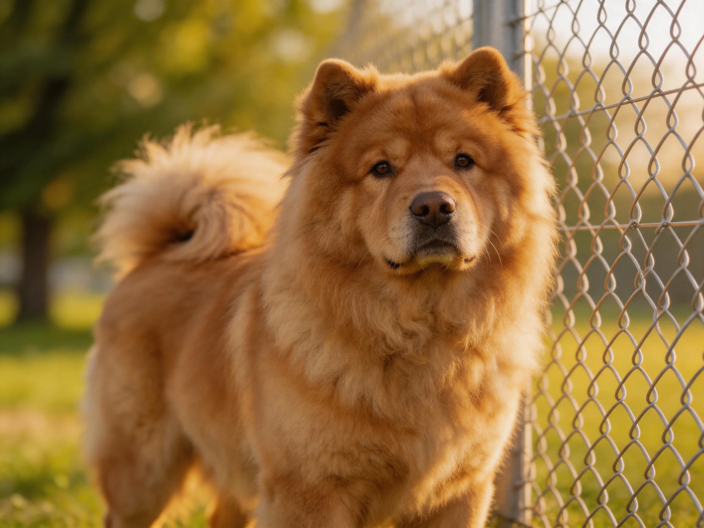 A tan Chow dog stands near a chain-link fence outdoors.