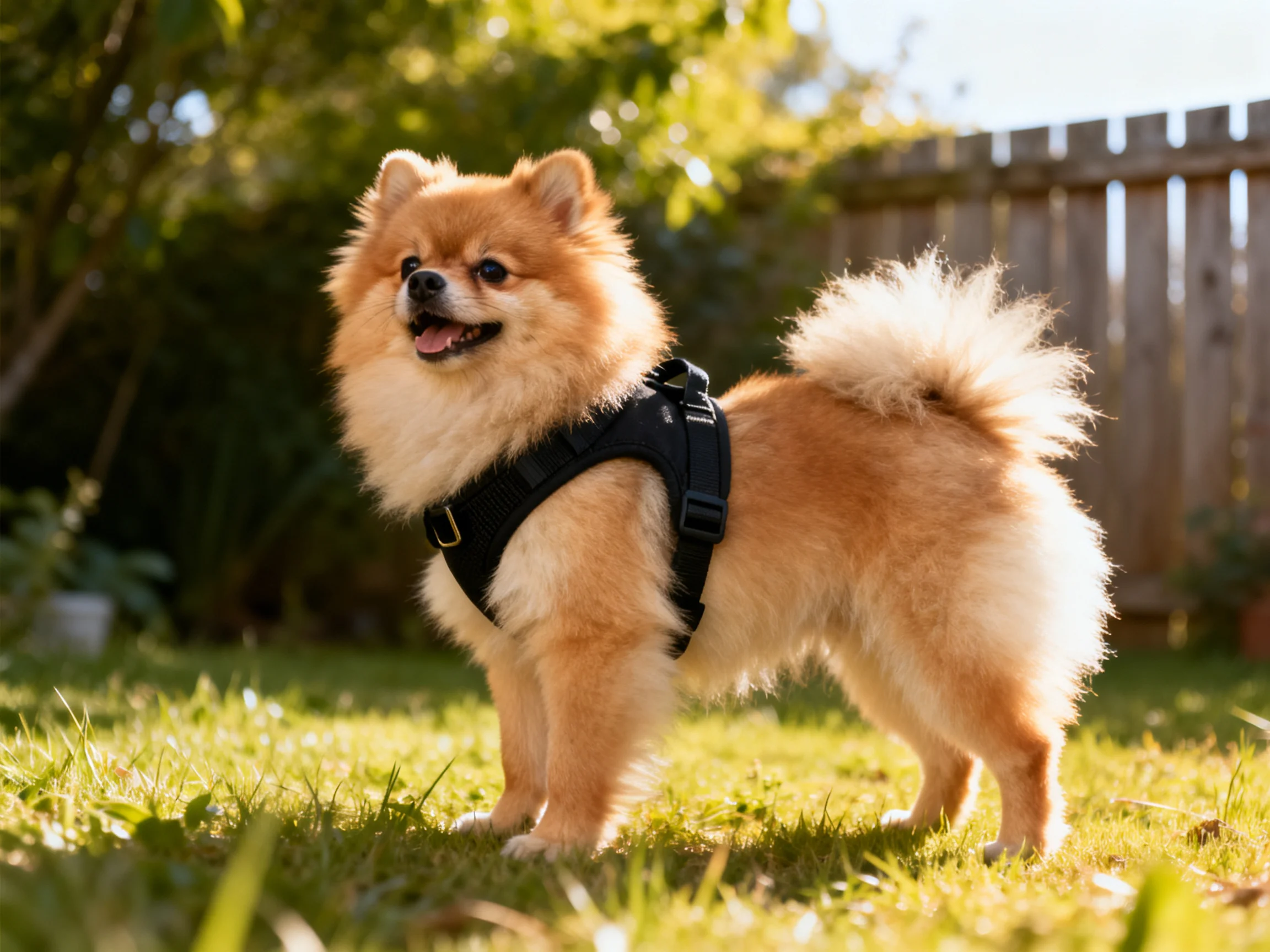 A fluffy tan Pomeranian dog in a black harness on green grass