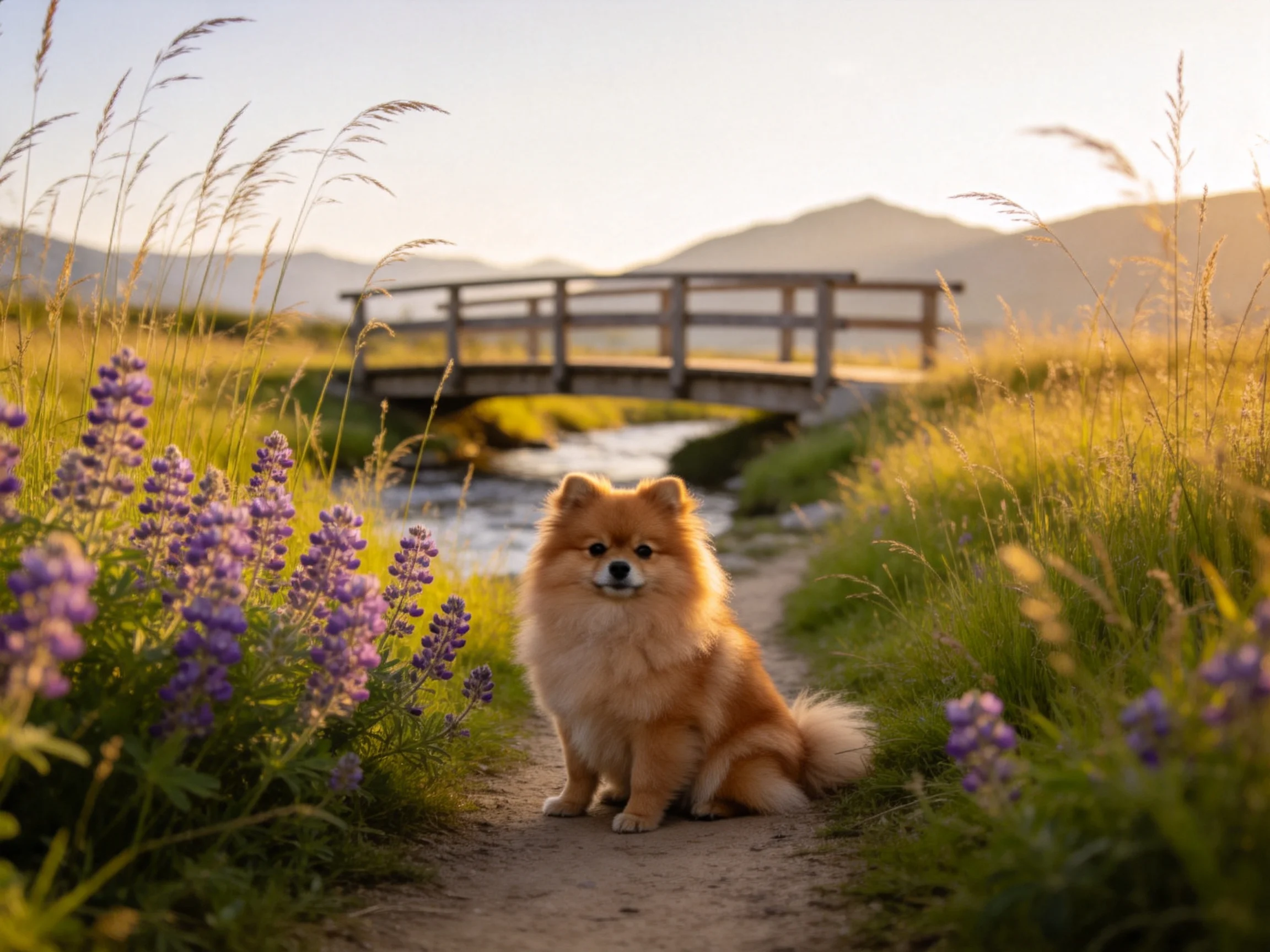 A fluffy tan Pomeranian sits among purple lupines by a wooden bridge