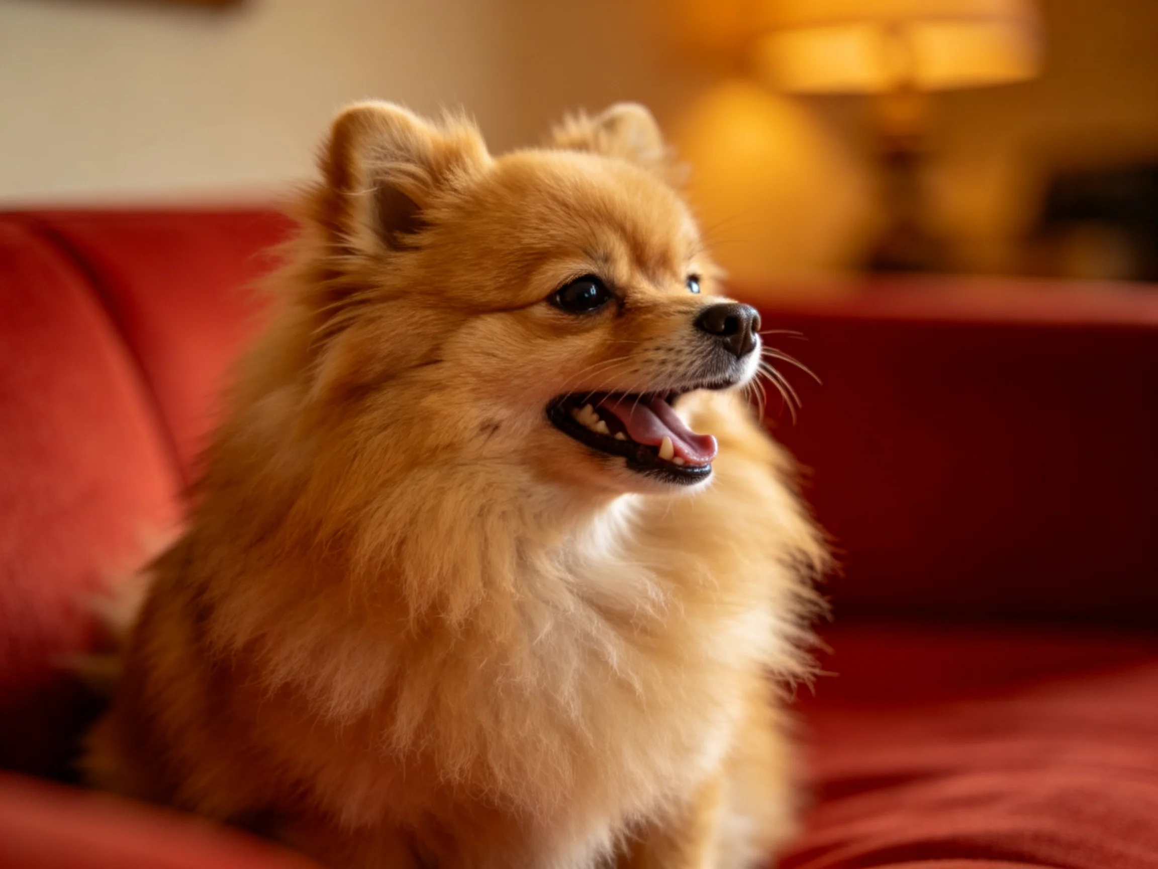 A fluffy tan Pomeranian sits on a crimson sofa in a warmly lit room