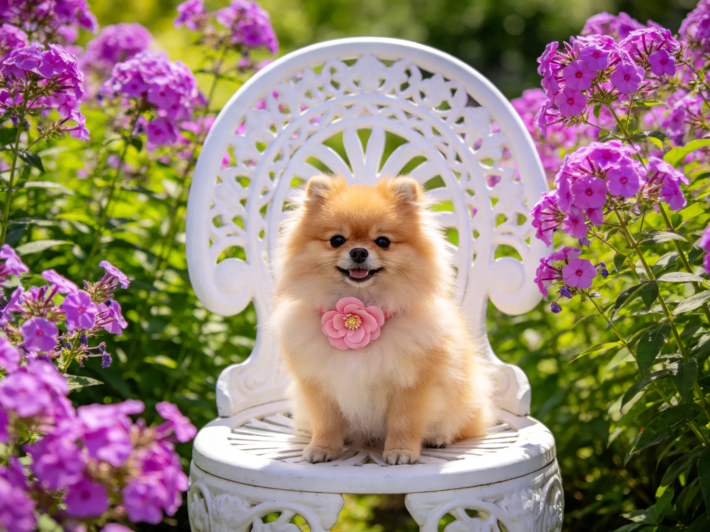 A fluffy tan Pomeranian sits on a white ornate chair amid vibrant purple blooms