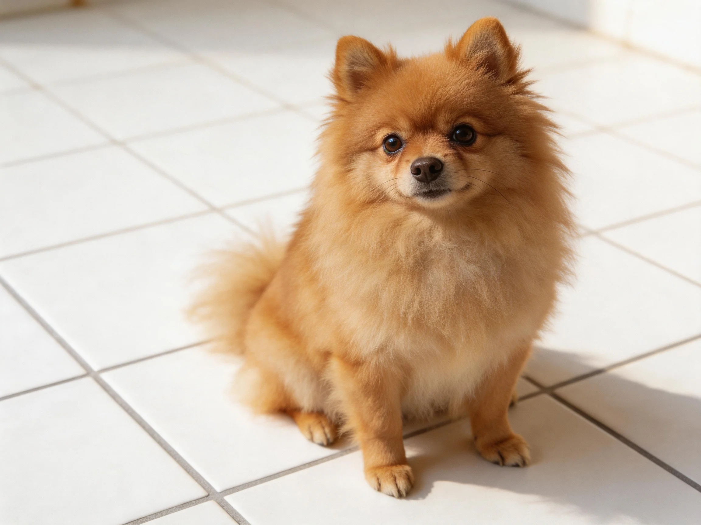 A fluffy tan Pomeranian sits on white tiled flooring