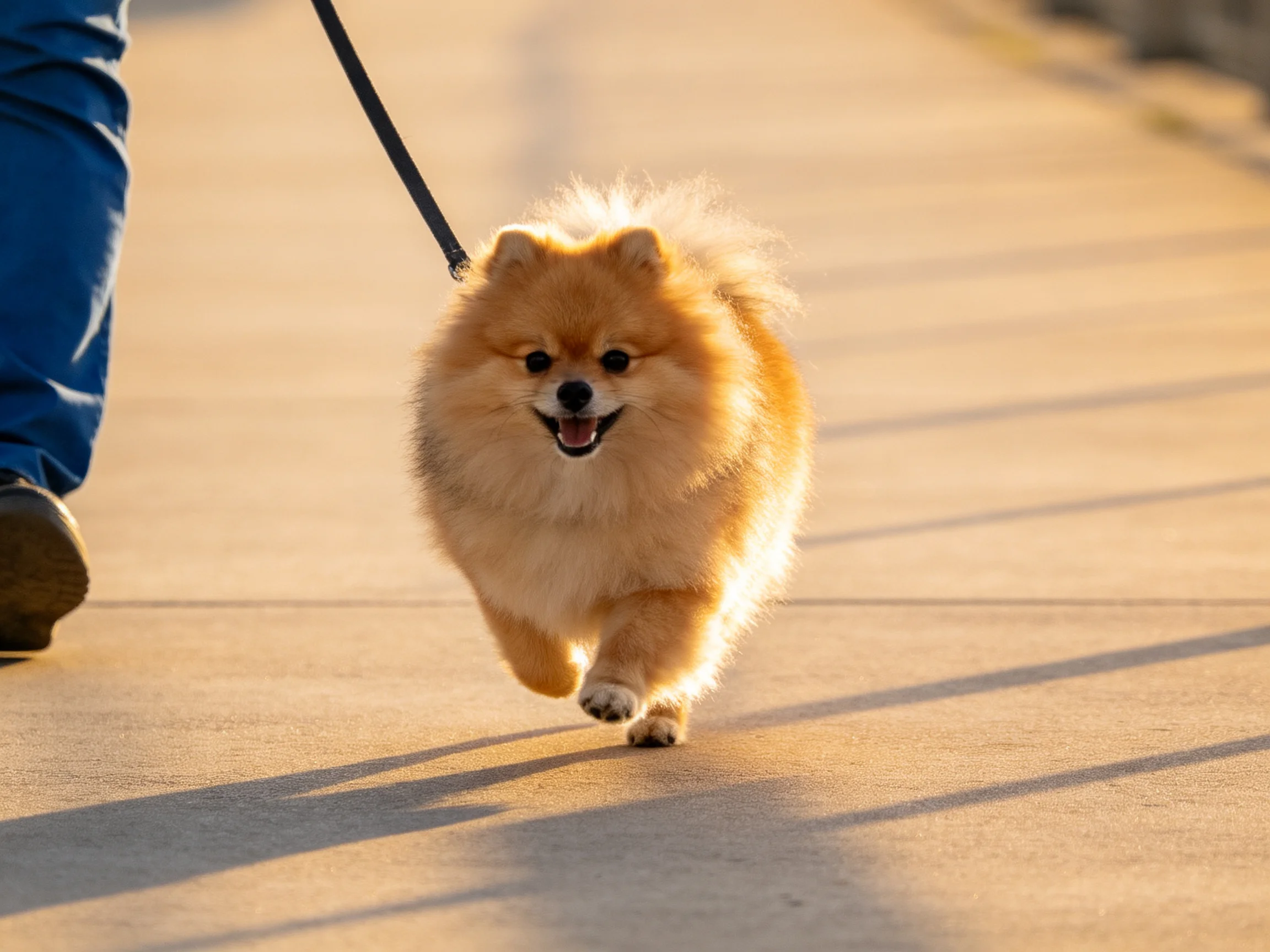 A fluffy tan Pomeranian walks on a sunlit concrete path
