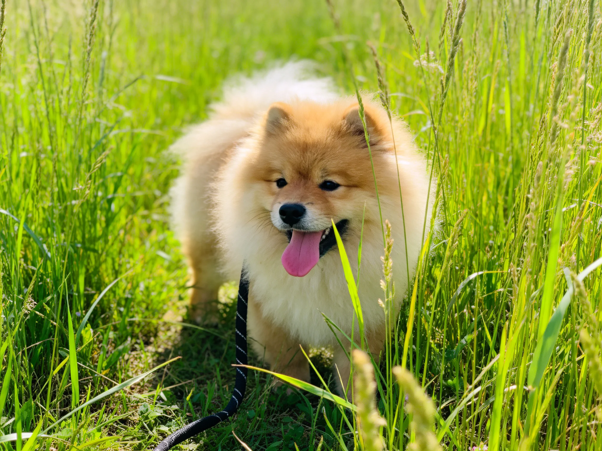A fluffy tan Pomeranian wanders through lush green meadow grass