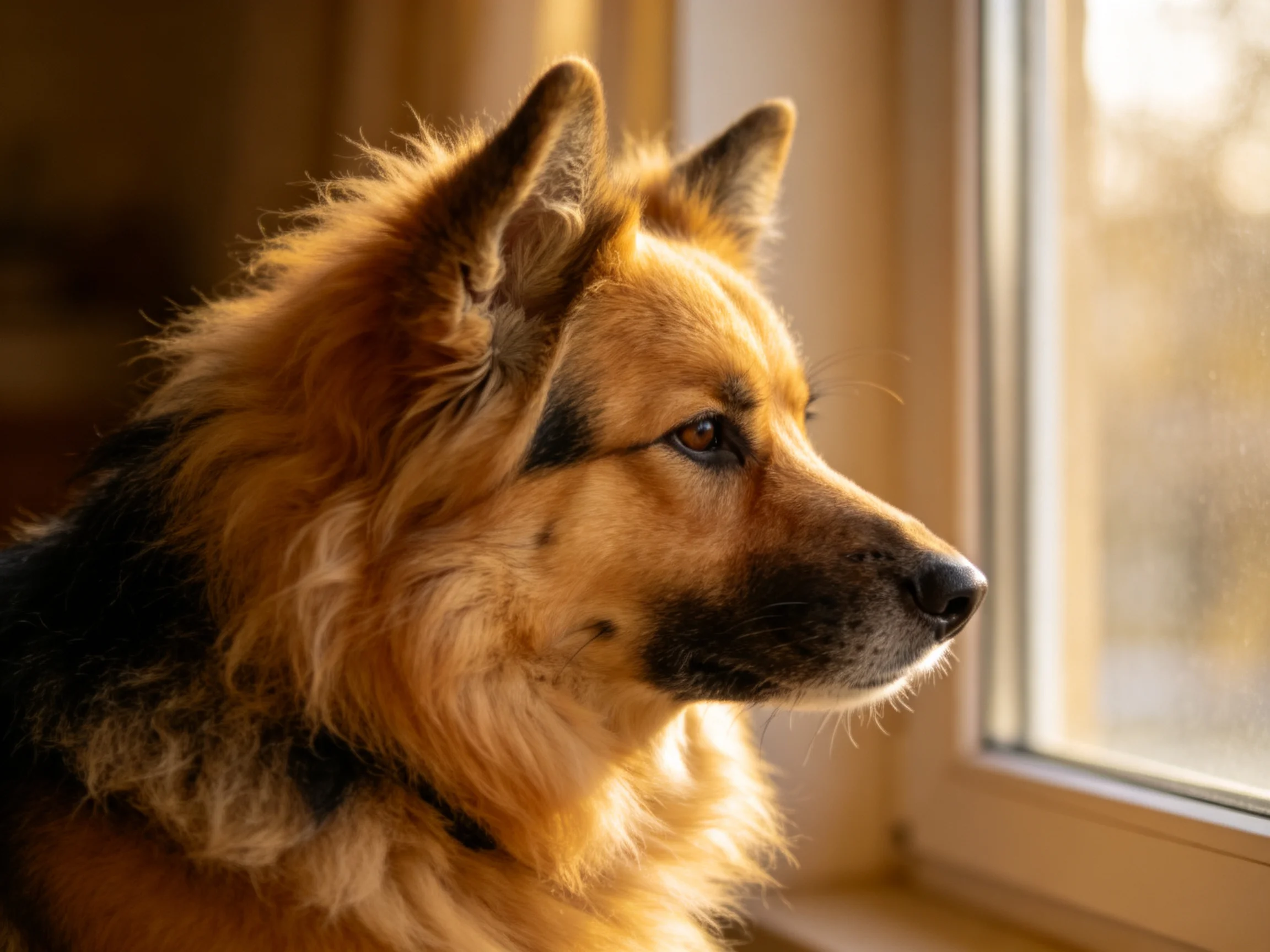 A tan and black dog looks out of a sunlit window with a contemplative expression.