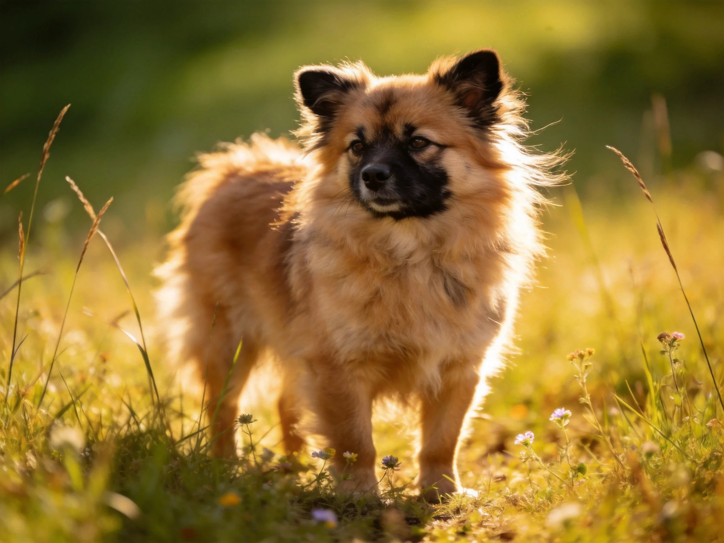 A fluffy tan and black dog in a sun-drenched meadow