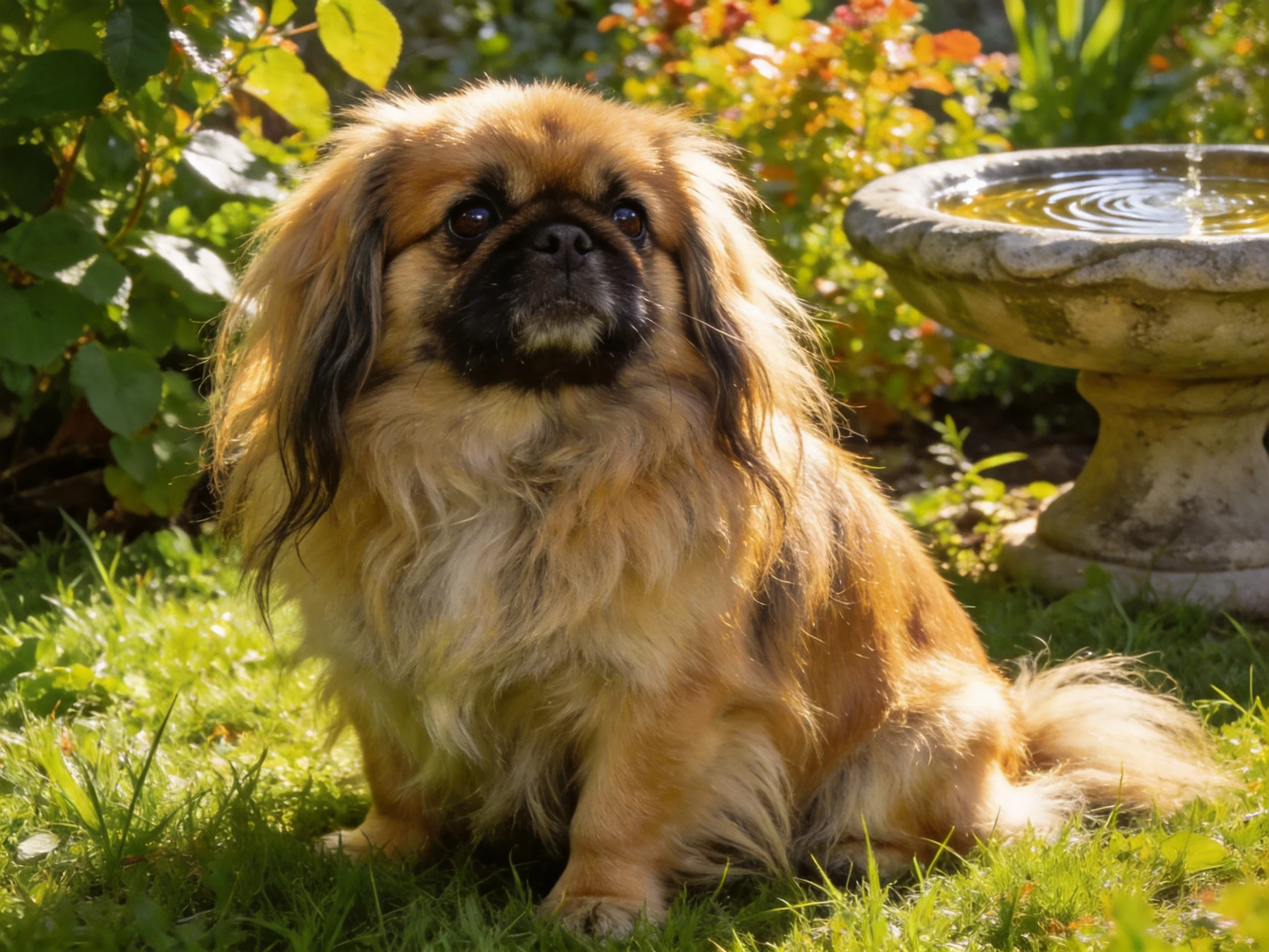 A tan-and-black dog sits calmly near a stone birdbath in a sunny garden.