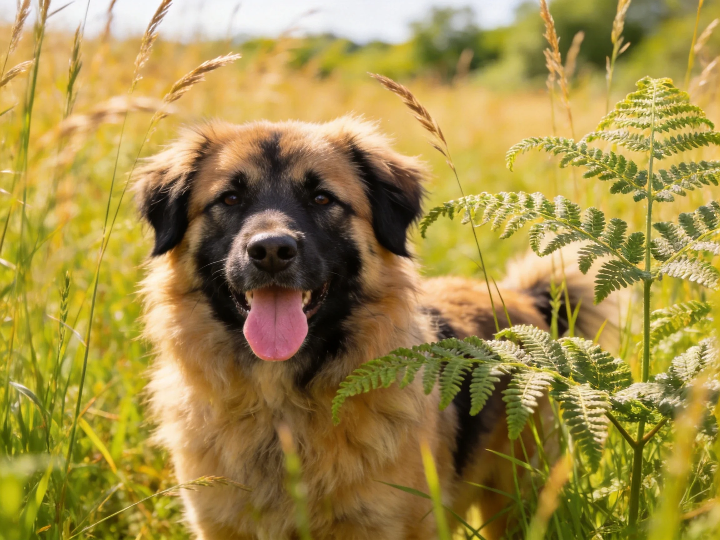 A tan and black dog enjoys a sunny day in a meadow with tall grass and ferns.
