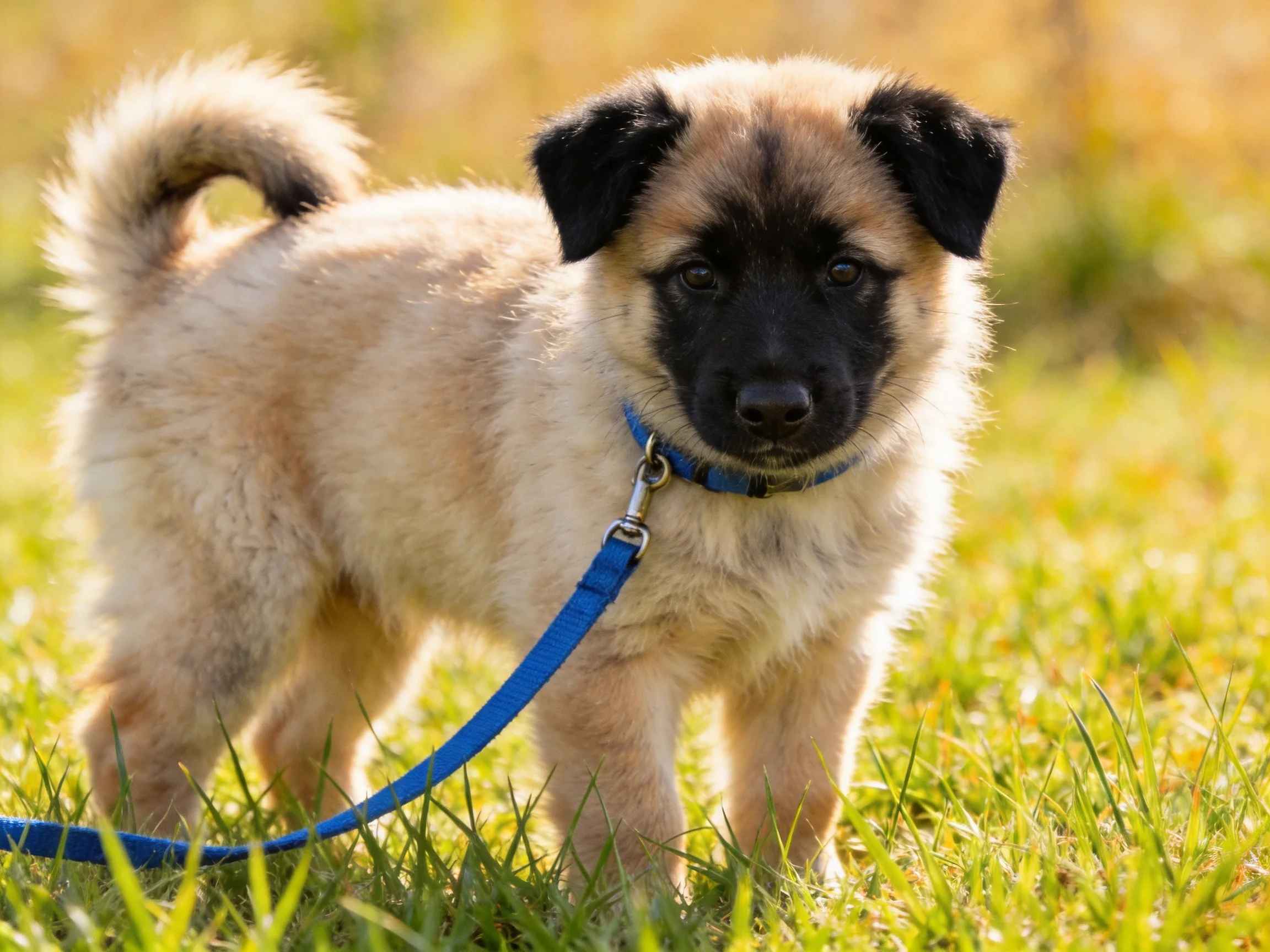 A small tan and black puppy with a blue leash stands in a grassy area.