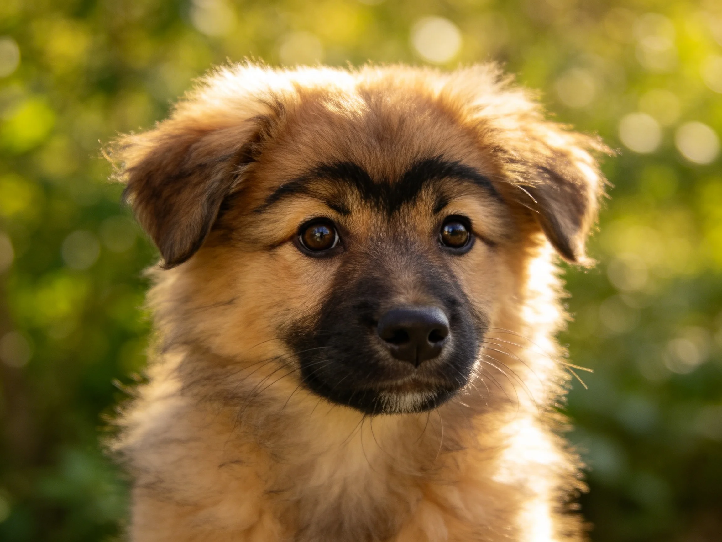 A tan and black puppy gazes attentively amid a sunlit green bokeh backdrop.
