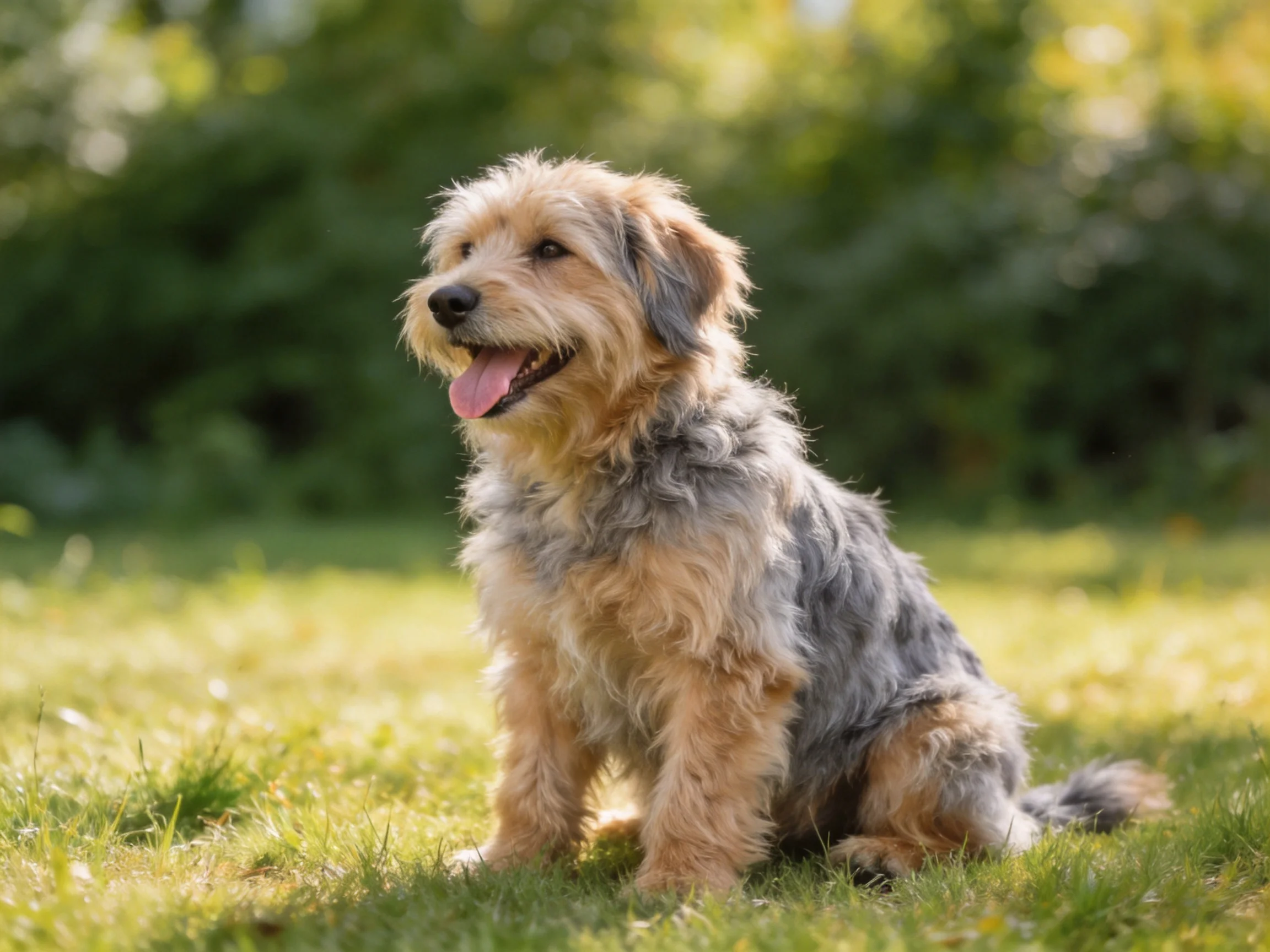 A fluffy tan and gray dog sits on sunlit green grass outdoors