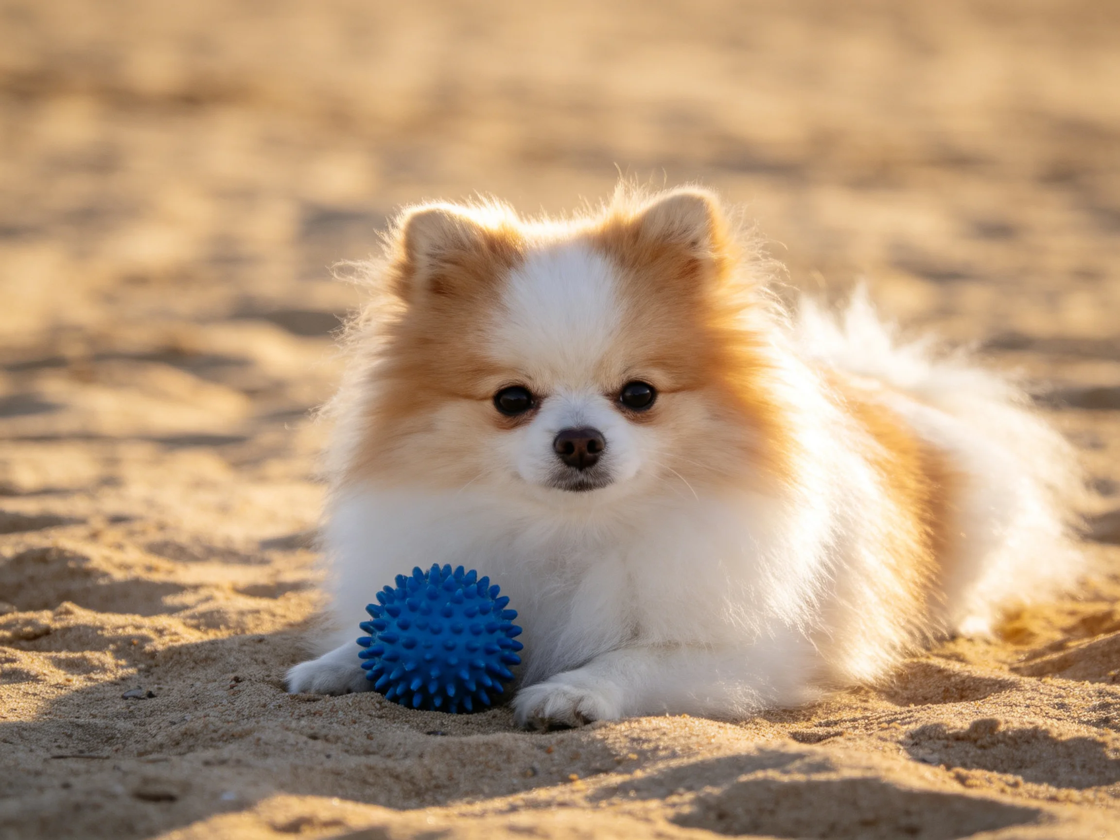A small tan-and-white dog lies on sand next to a blue toy.
