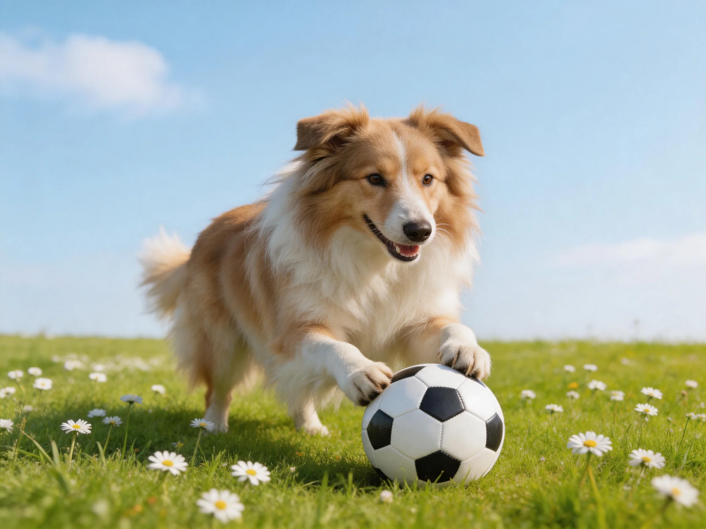 A tan and white dog interacts with a soccer ball in a sunny, flower-filled grassy area.