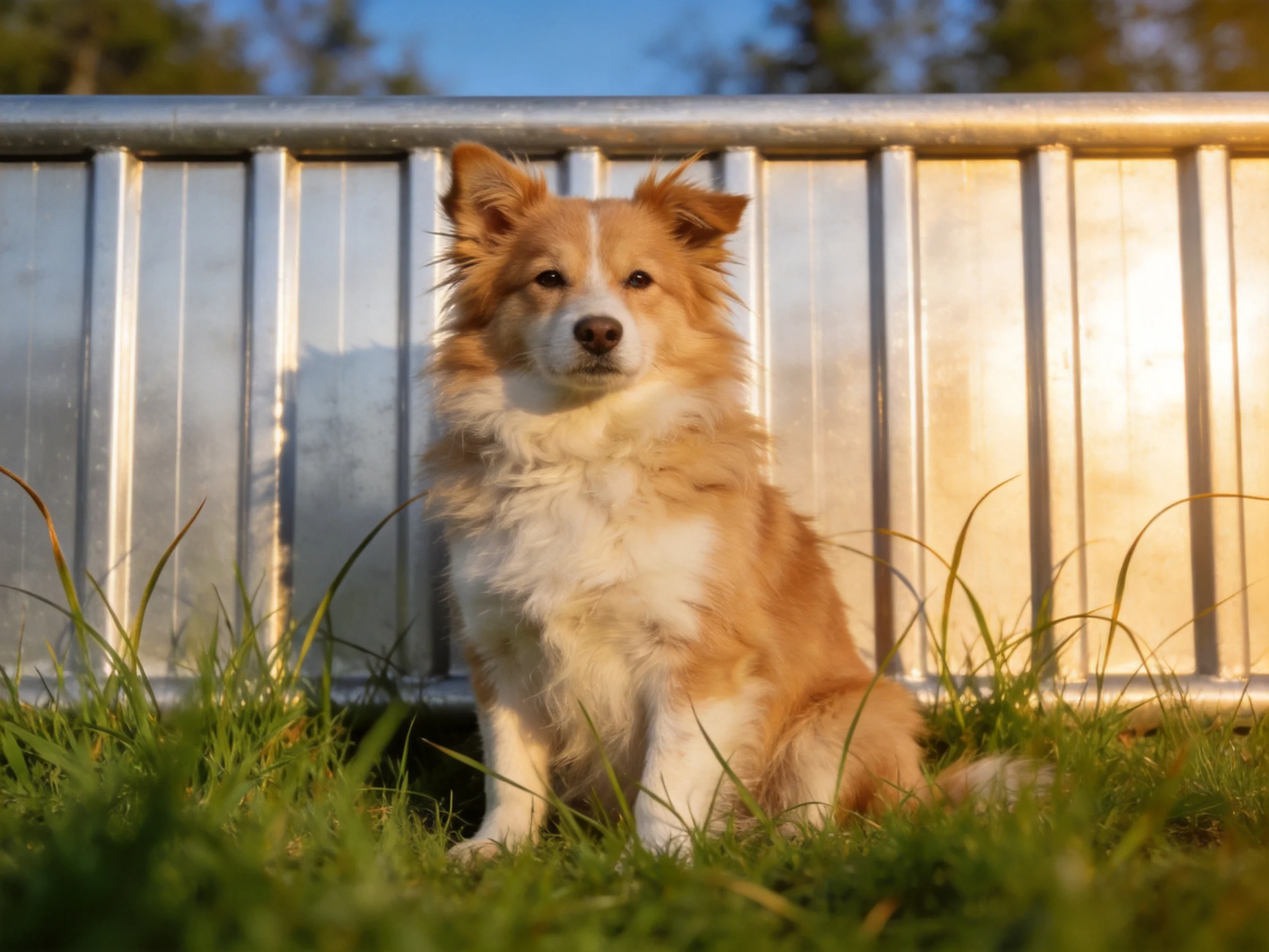 A tan and white dog sits calmly near a metallic fence surrounded by grass.