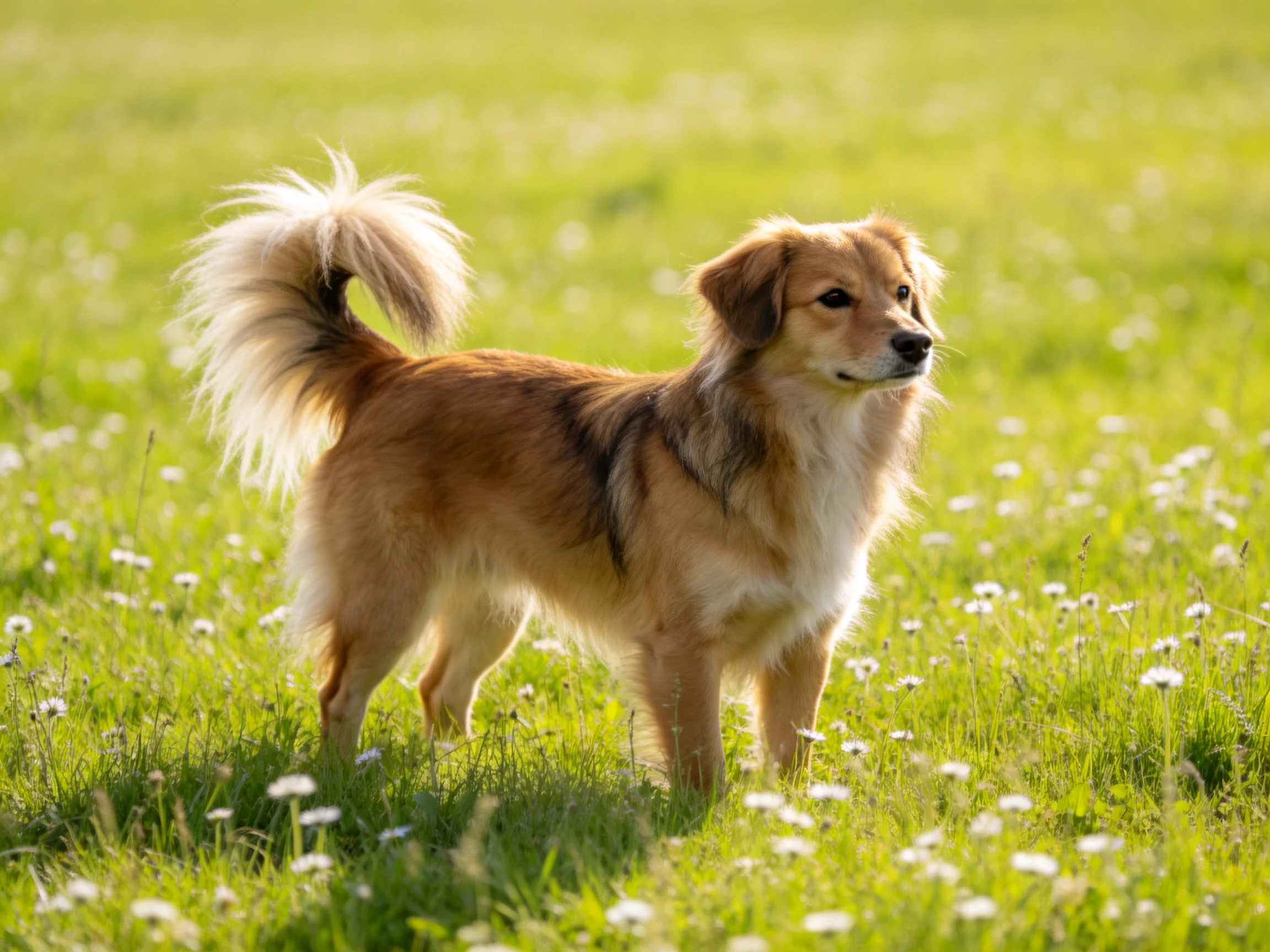 A tan and white dog stands alertly among small white flowers in a sunlit meadow