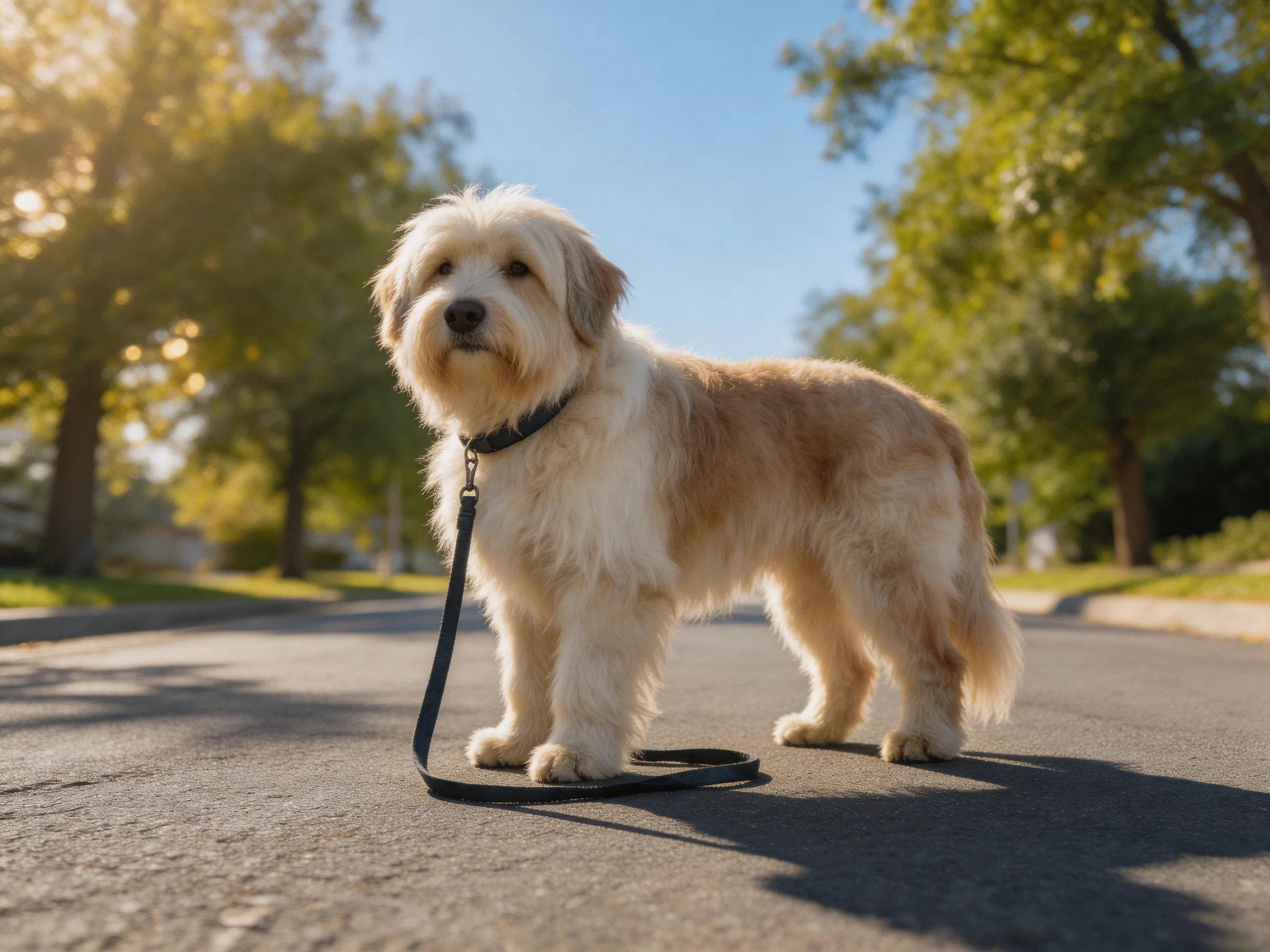A fluffy dog with a leash stands on a sunlit street.