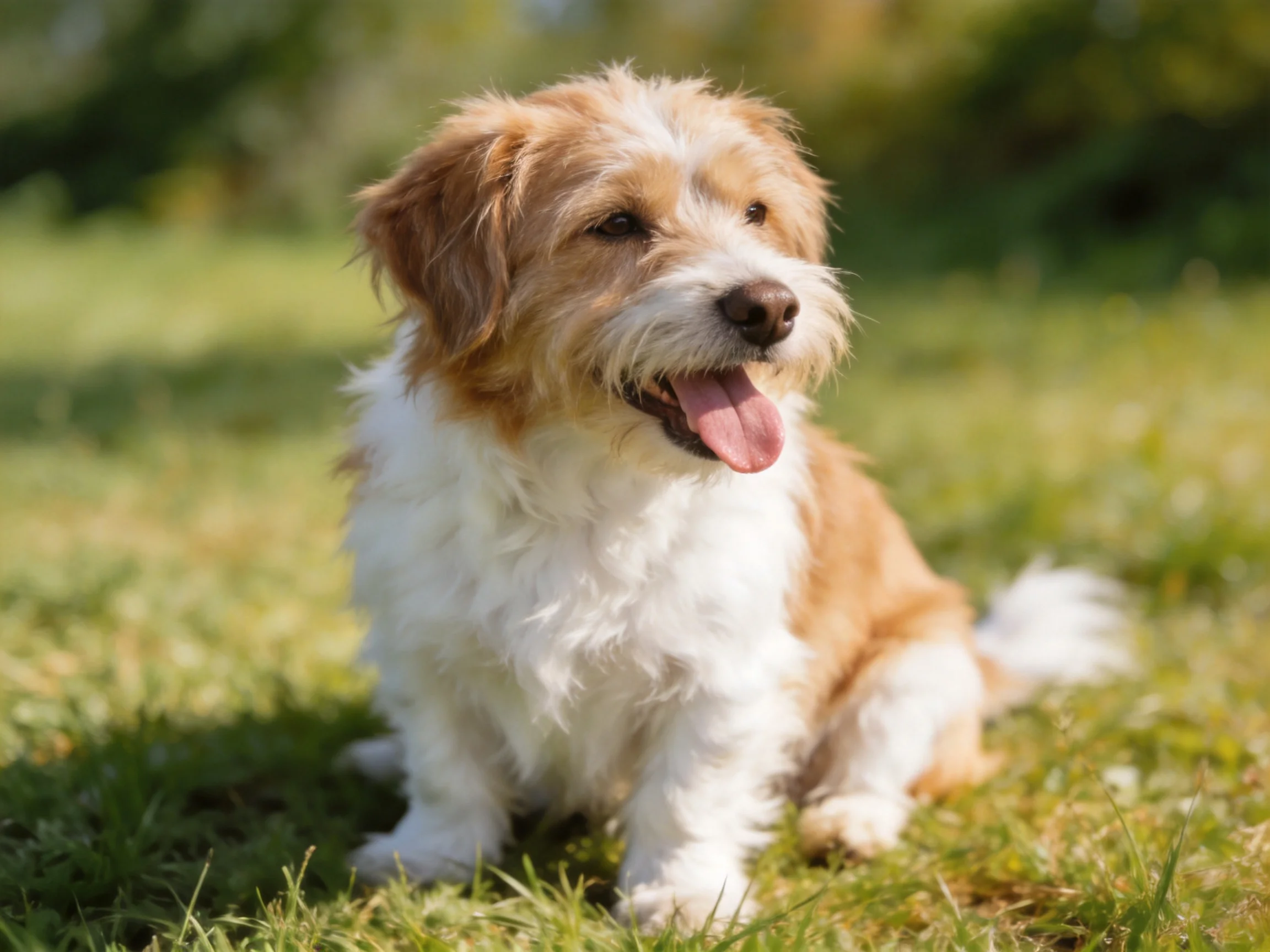 A tan-and-white puppy enjoys the sunshine while sitting on grass outdoors.
