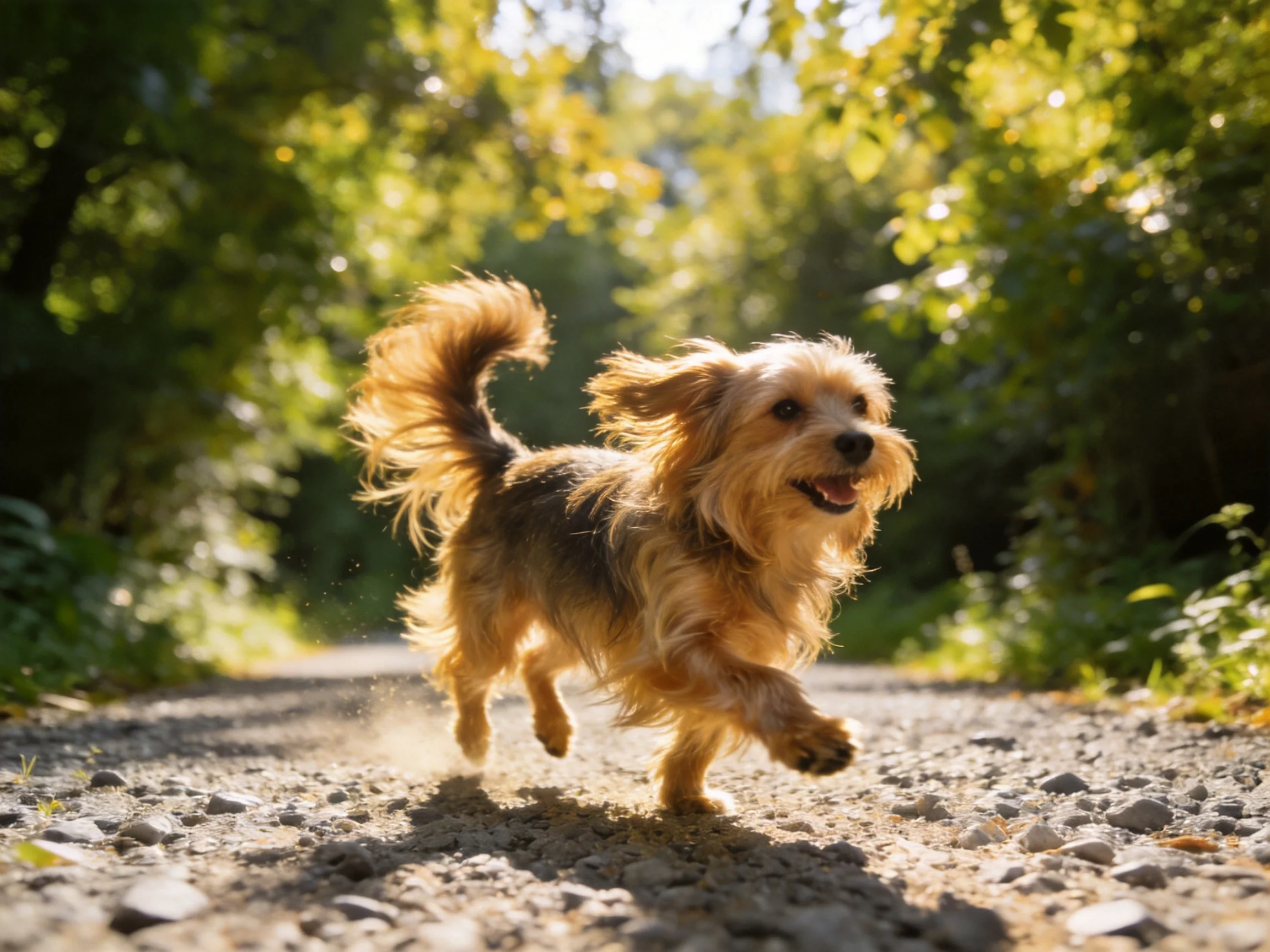 A fluffy tan dog dashes along a sunlit gravel trail surrounded by lush greenery