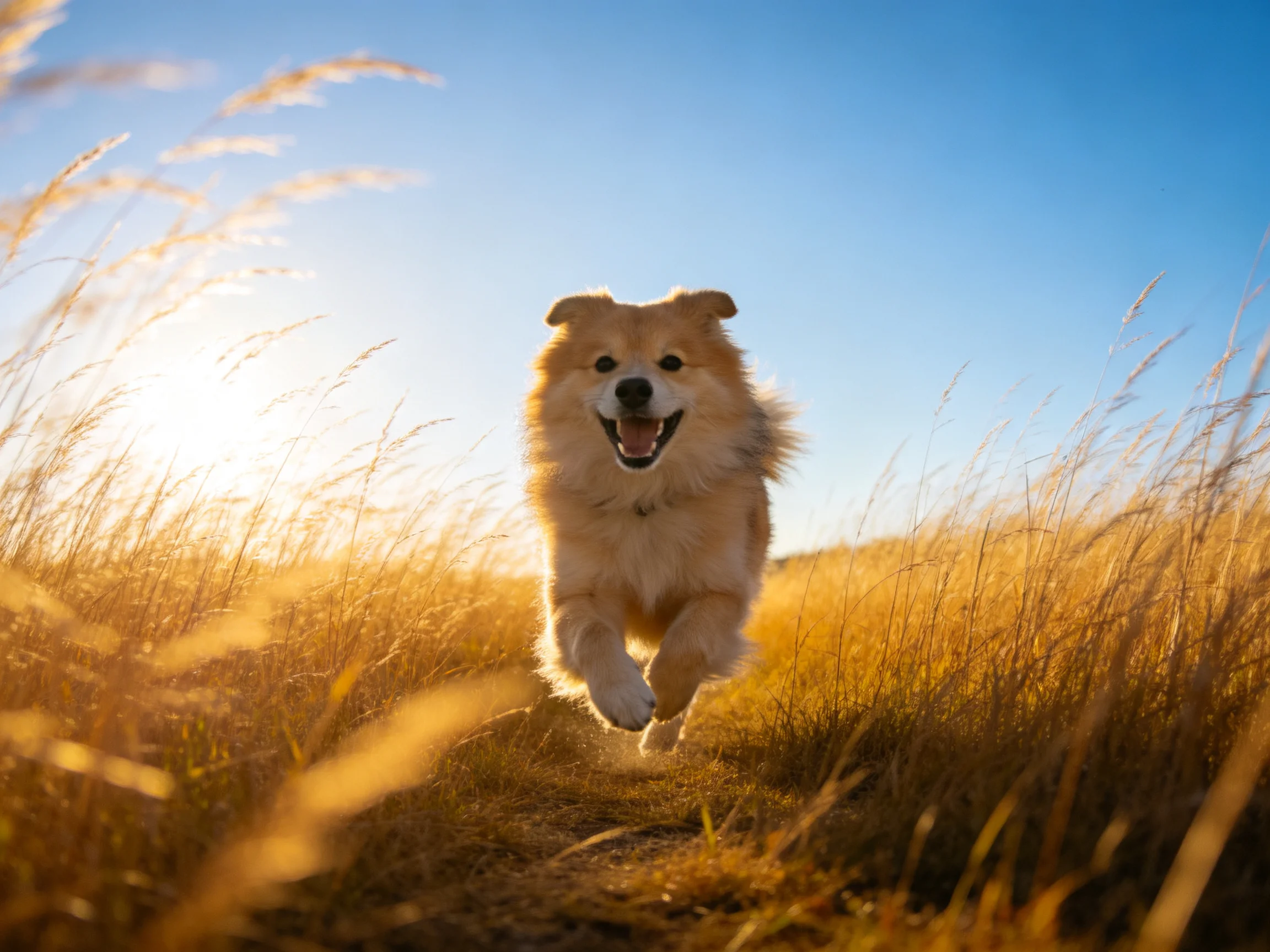 A fluffy tan dog dashes through golden grass under clear blue sky