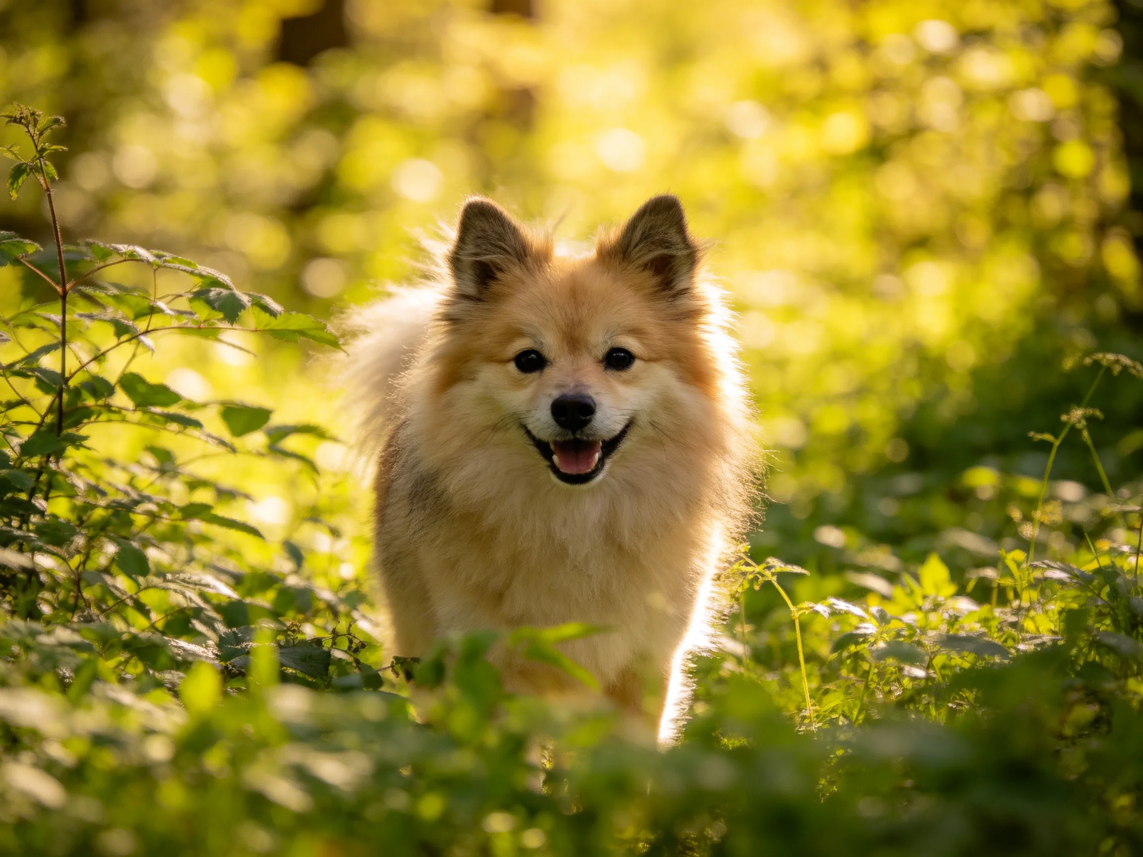A fluffy tan dog explores sunlit, lush greenery with dense vegetation