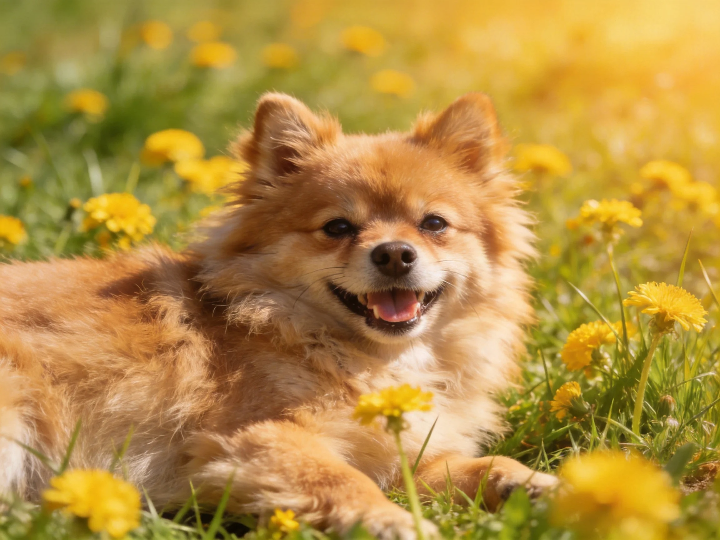A fluffy tan dog rests among yellow dandelions in a sunlit meadow