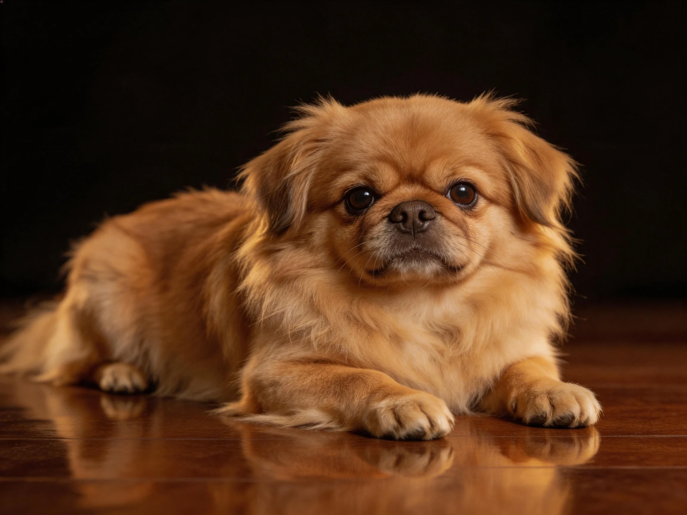 A fluffy tan dog rests on a polished wooden floor with a dark backdrop