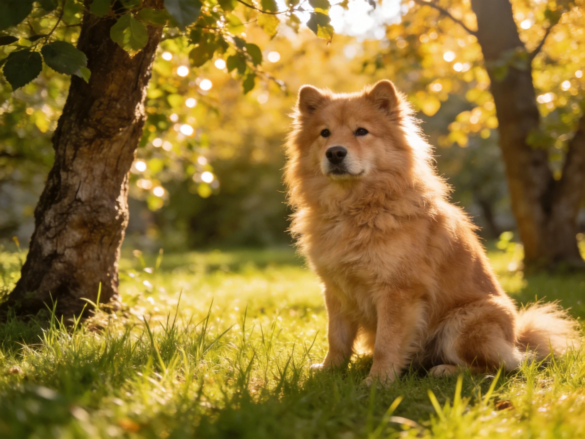 A fluffy tan dog sits in a sunlit grassy area near trees