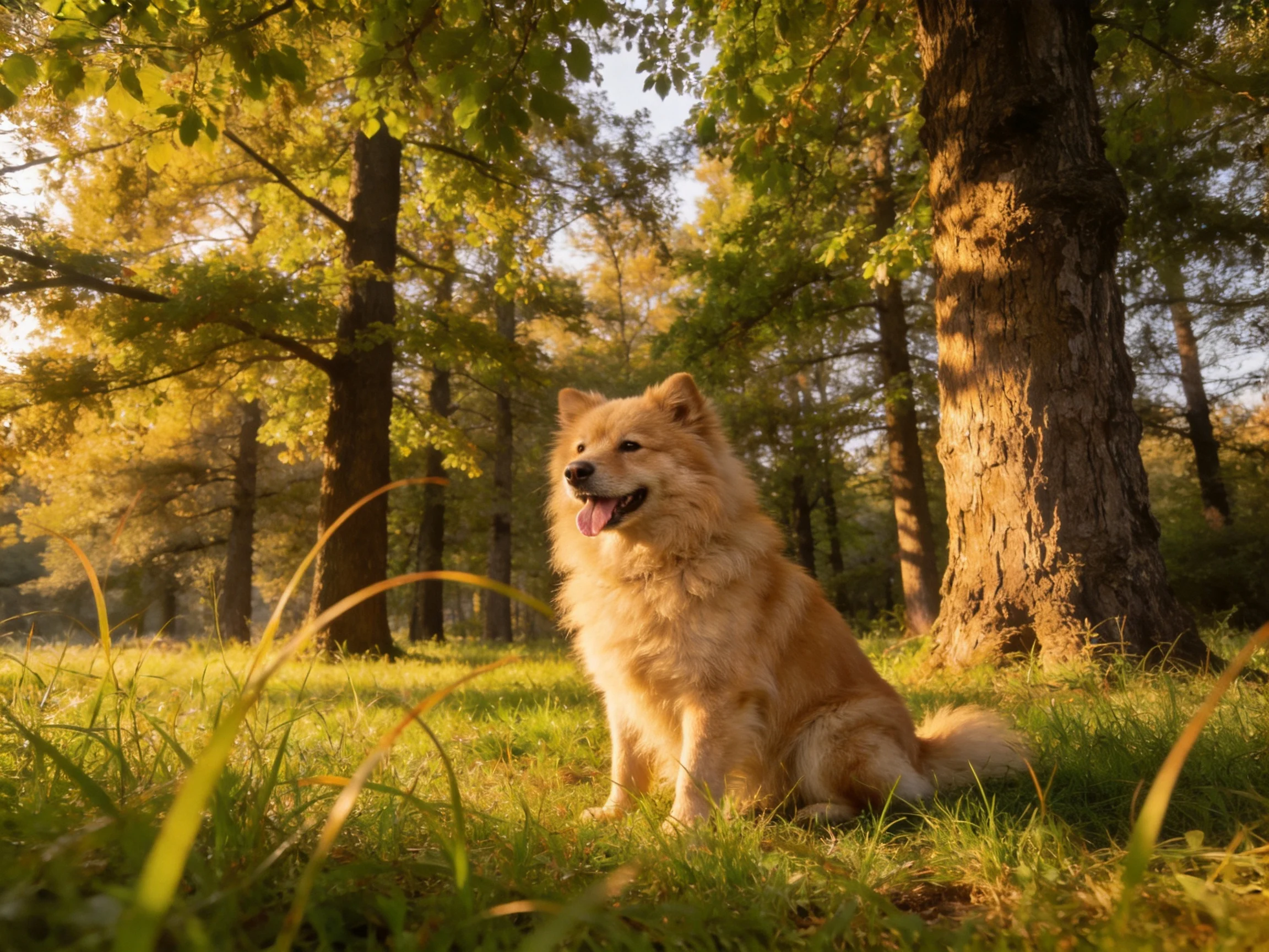 A fluffy tan dog sits peacefully in a sunlit forest.