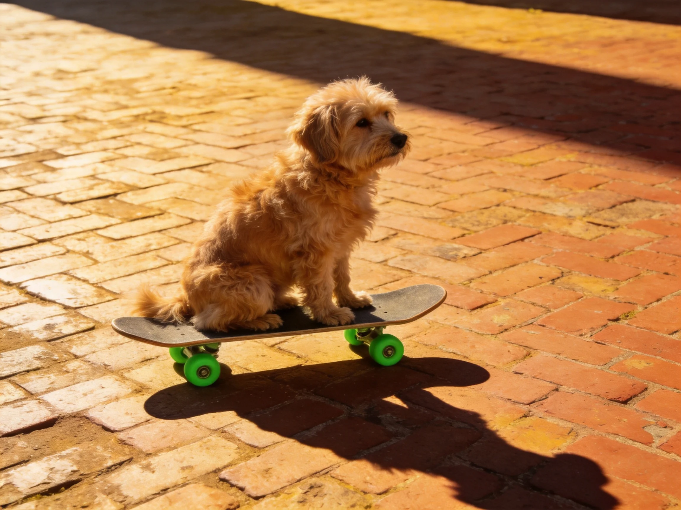 A small dog sits calmly on a skateboard on a sunlit brick-paved area.