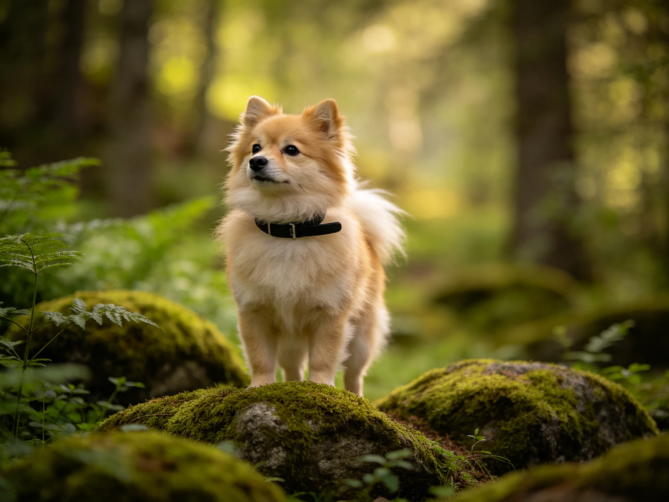 A fluffy tan dog stands atop moss-covered rocks in a sun-dappled forest
