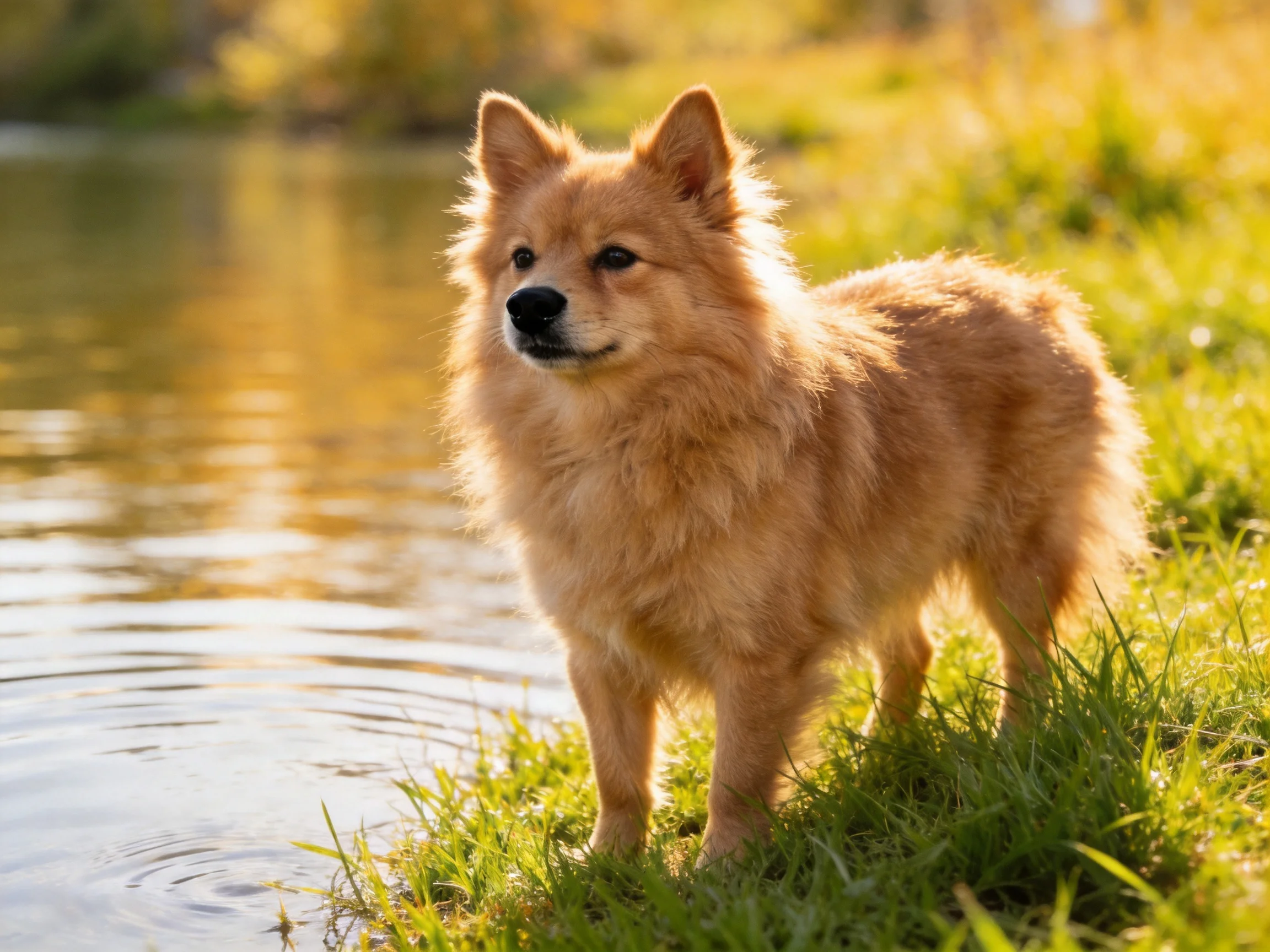 A fluffy tan dog stands by calm water on green grass