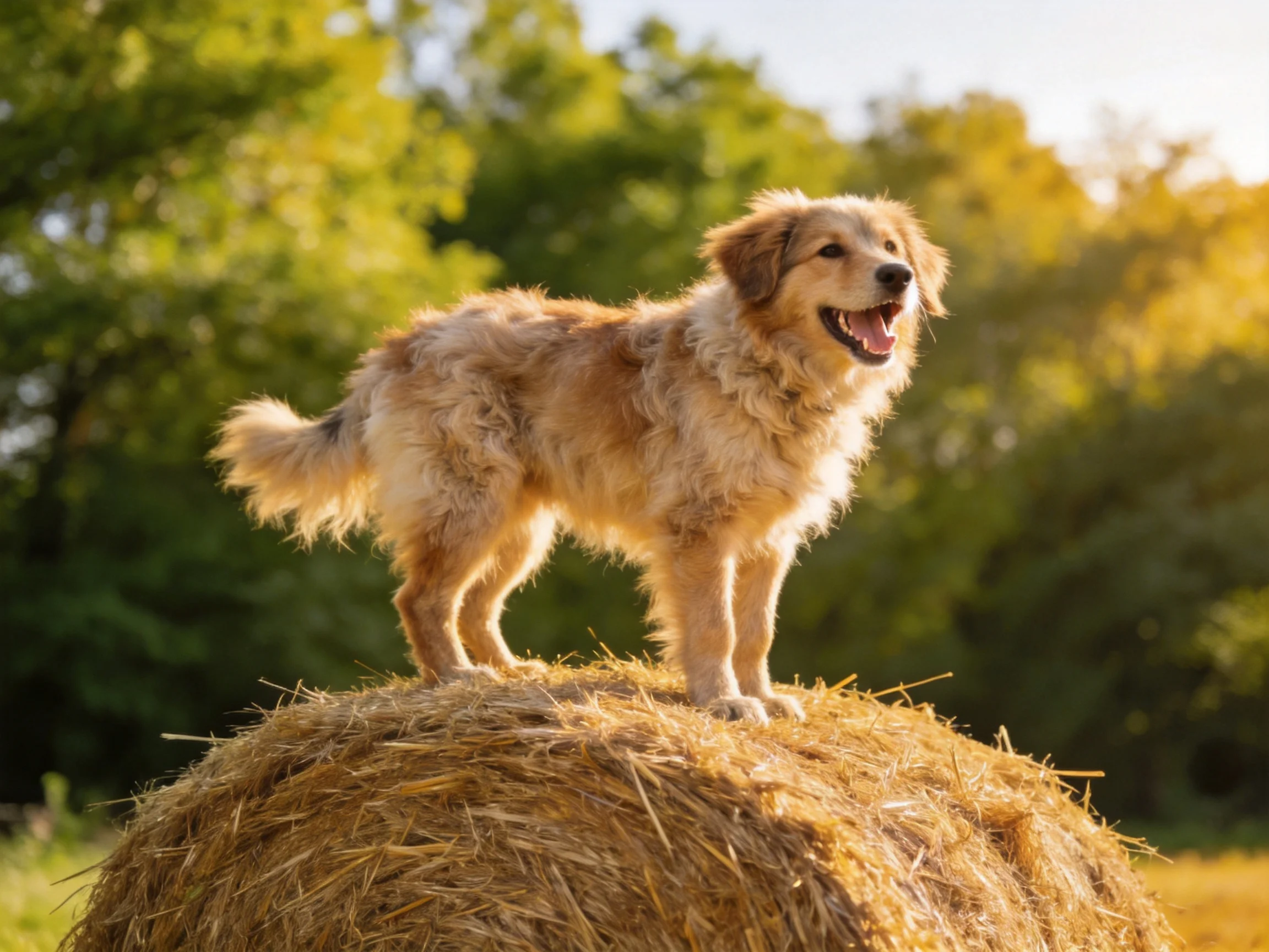 A dog stands on a hay bale in a sunlit natural environment.
