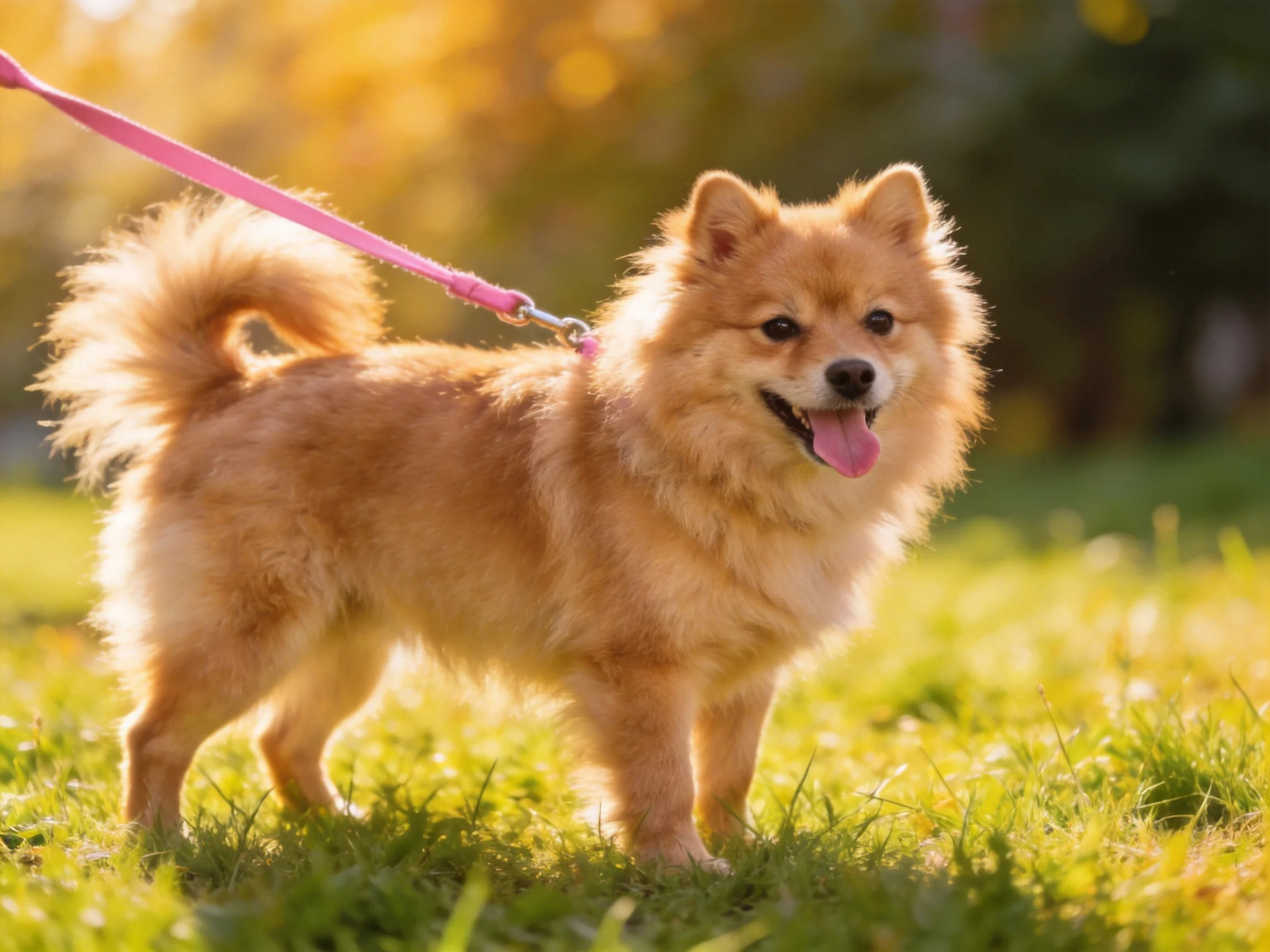 A fluffy tan dog stands on grass with a pink leash in bright sunlight.