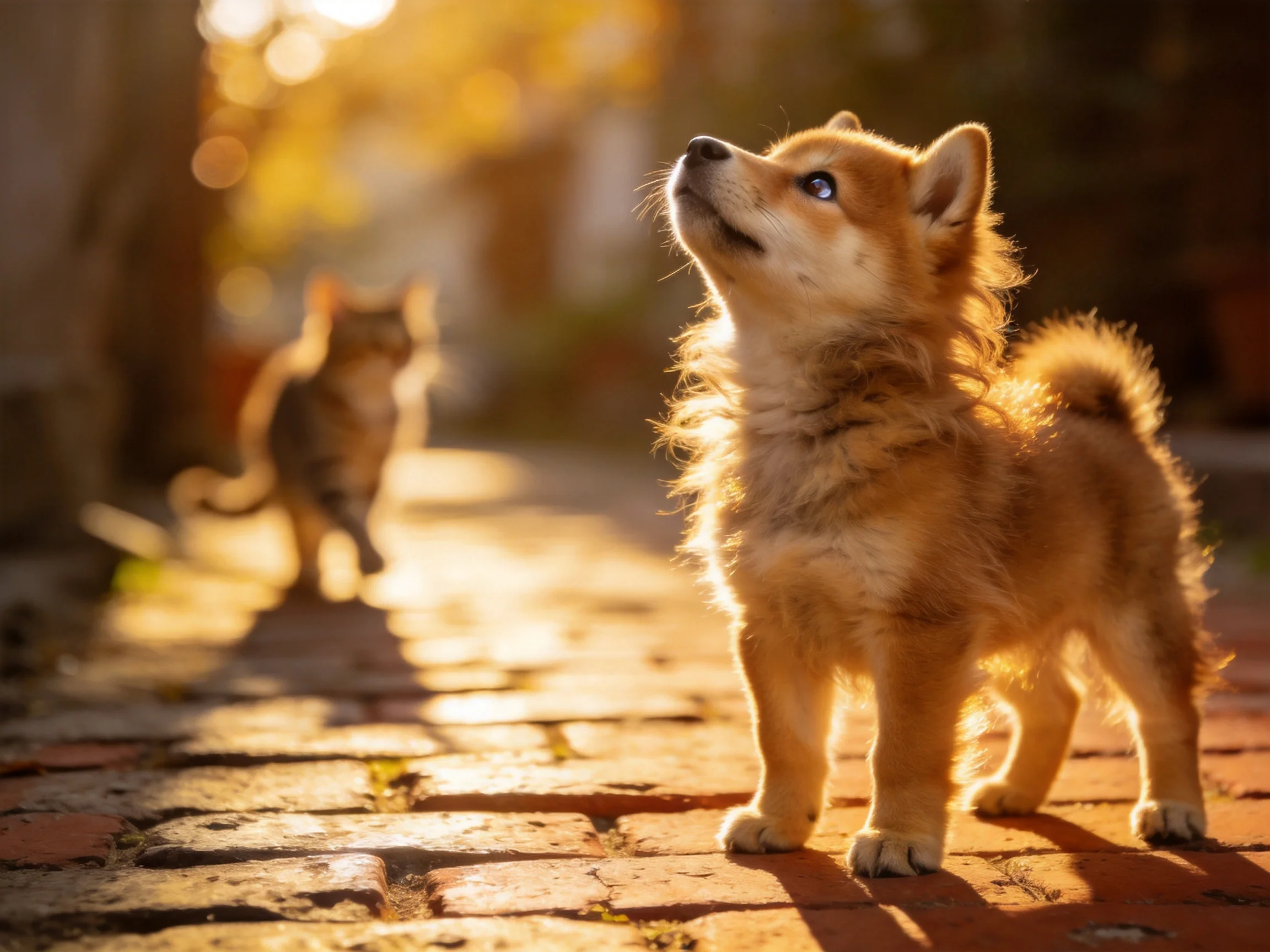 A tan puppy gazes upward as a tabby cat walks behind on a sunlit brick path.