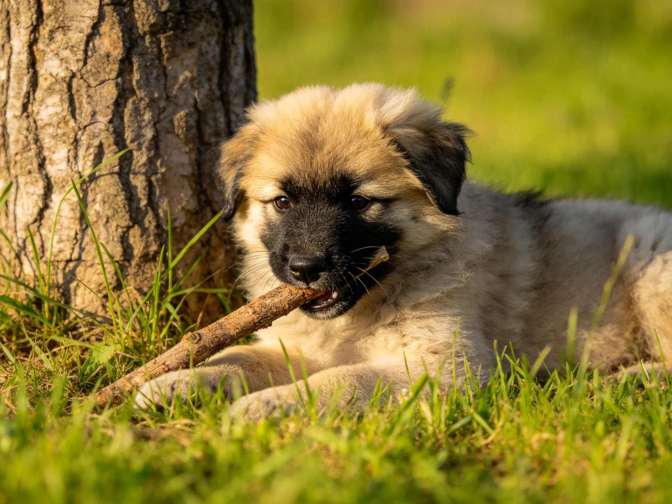 A fluffy tan puppy chewing a stick beside a tree in green grass