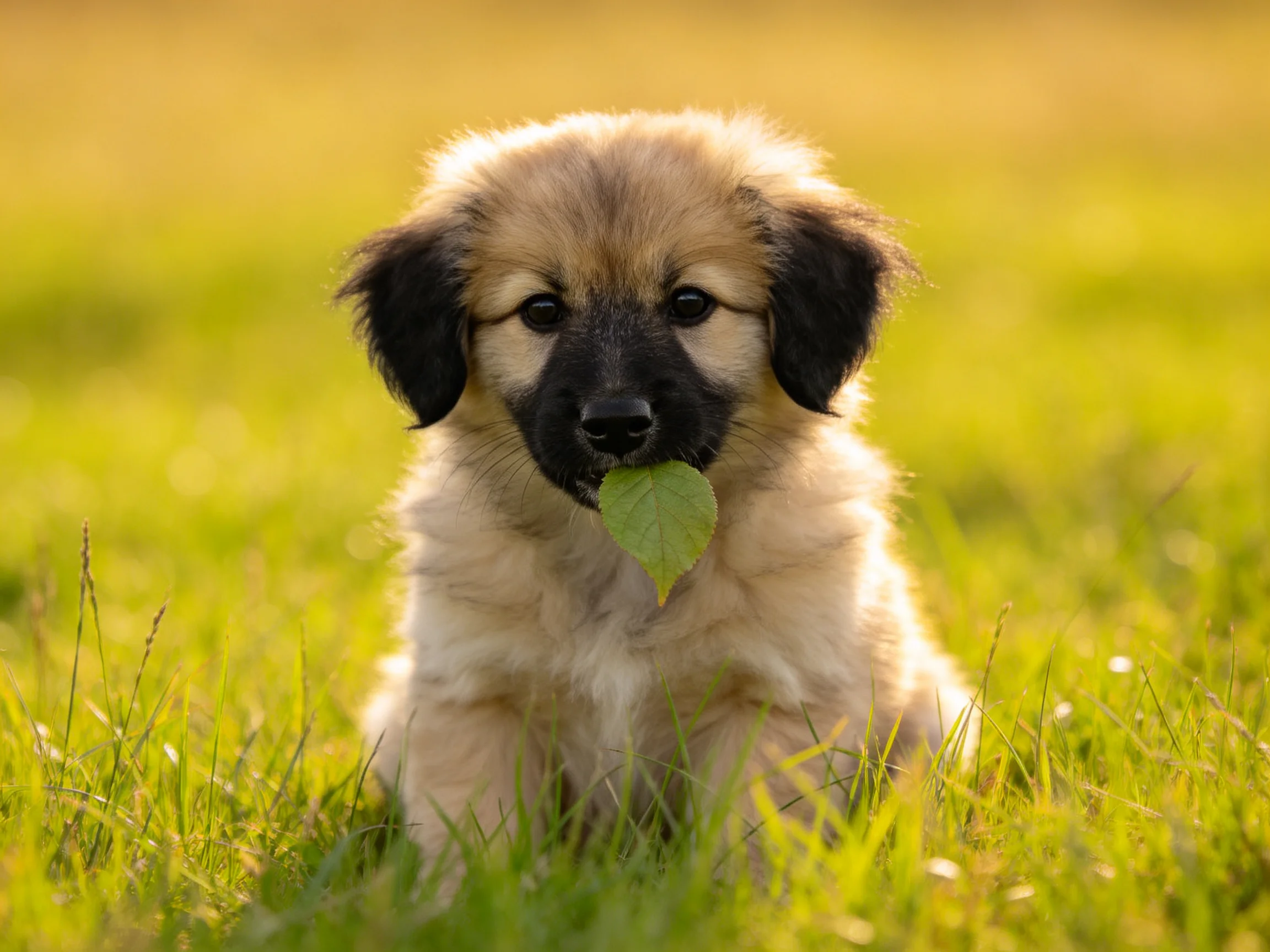 A small tan puppy holds a leaf while sitting in sunlit grass.