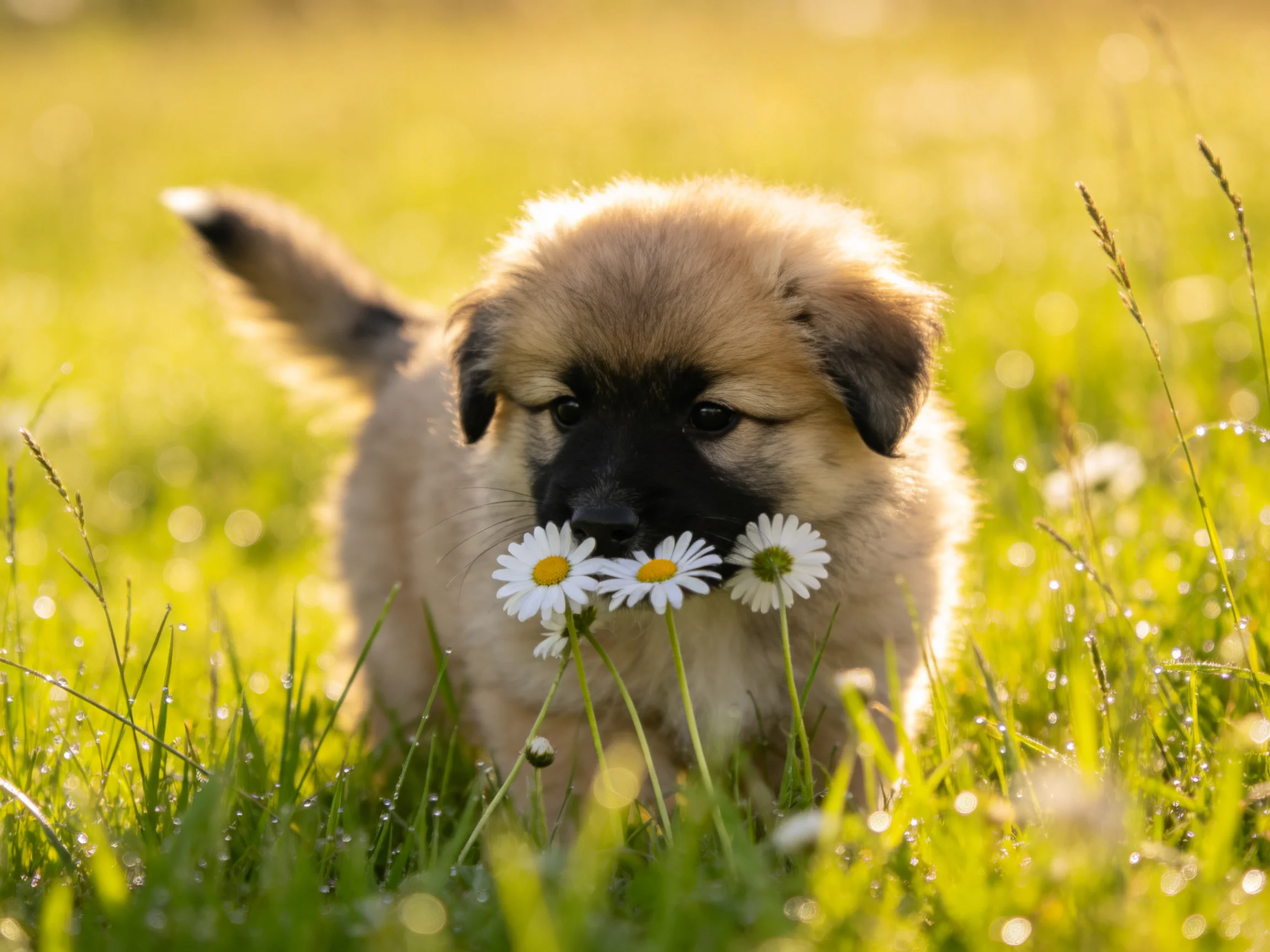A fluffy tan puppy carries three white daisies through a sunlit meadow.