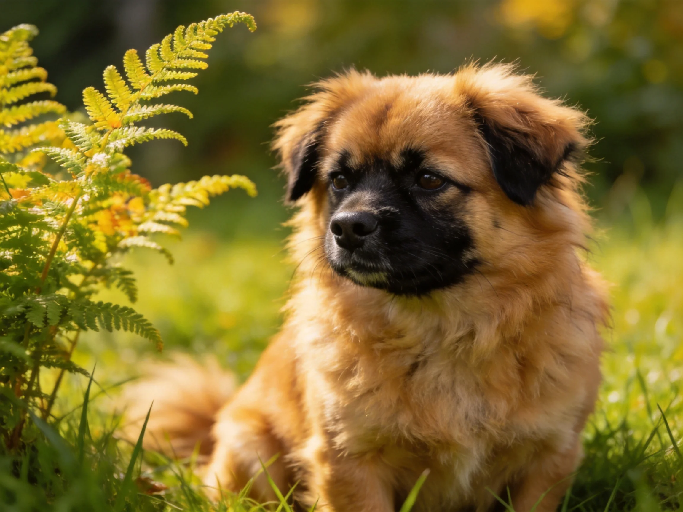 A tan puppy with dark markings sits near ferns in a sunny meadow.