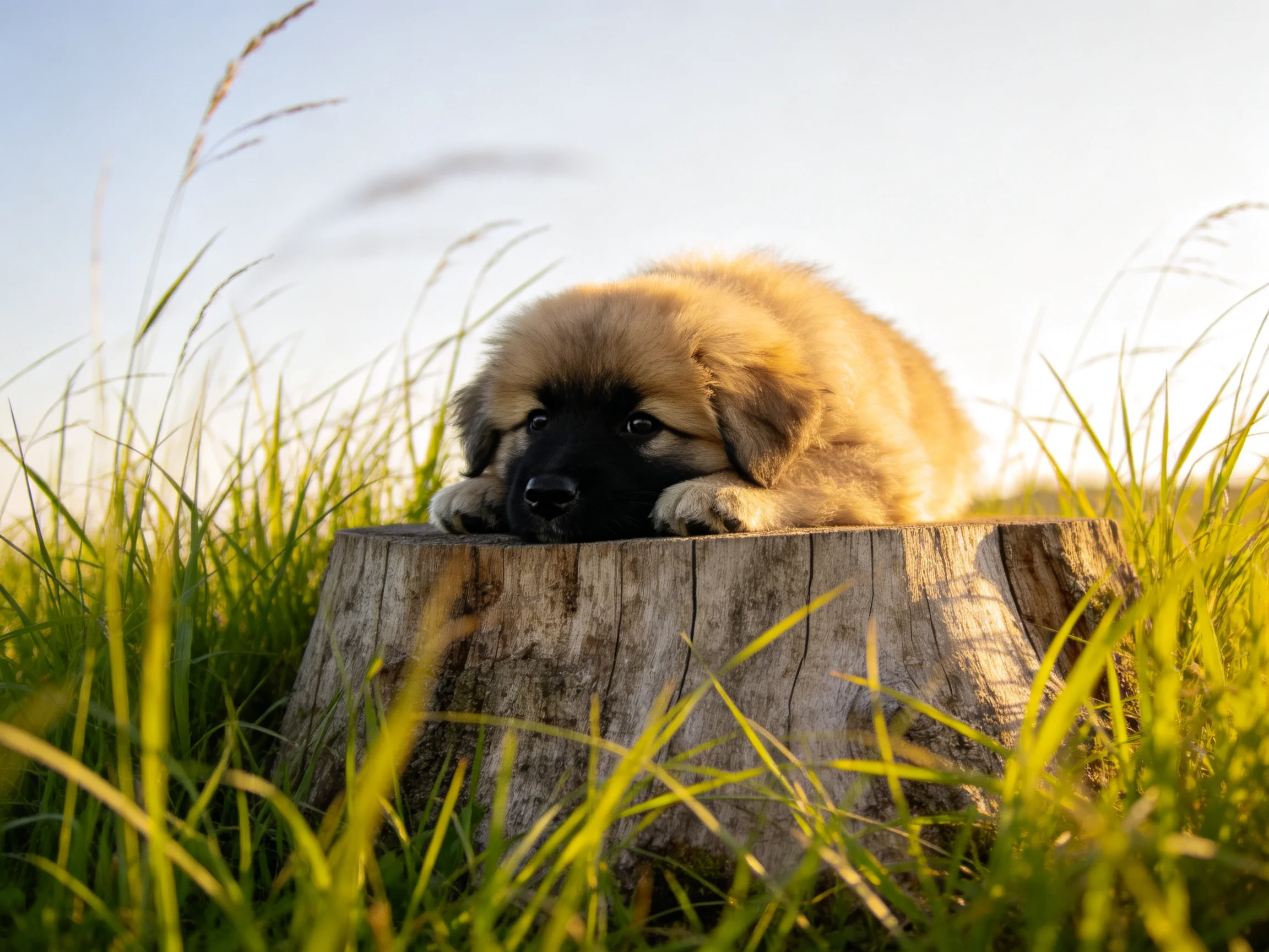 A fluffy tan puppy rests on a weathered wooden stump amid tall green grass