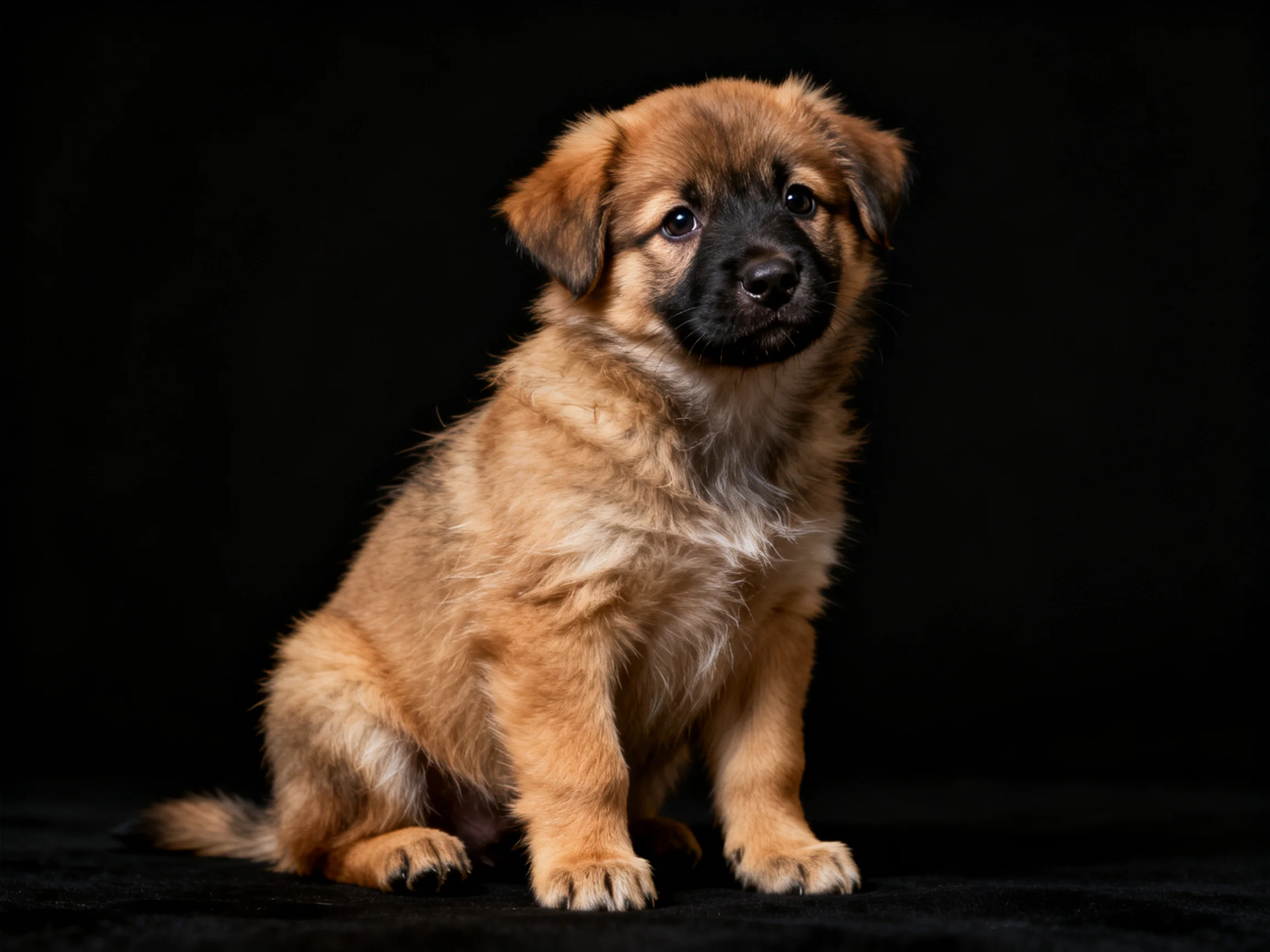 A fluffy tan puppy sits against a stark black backdrop