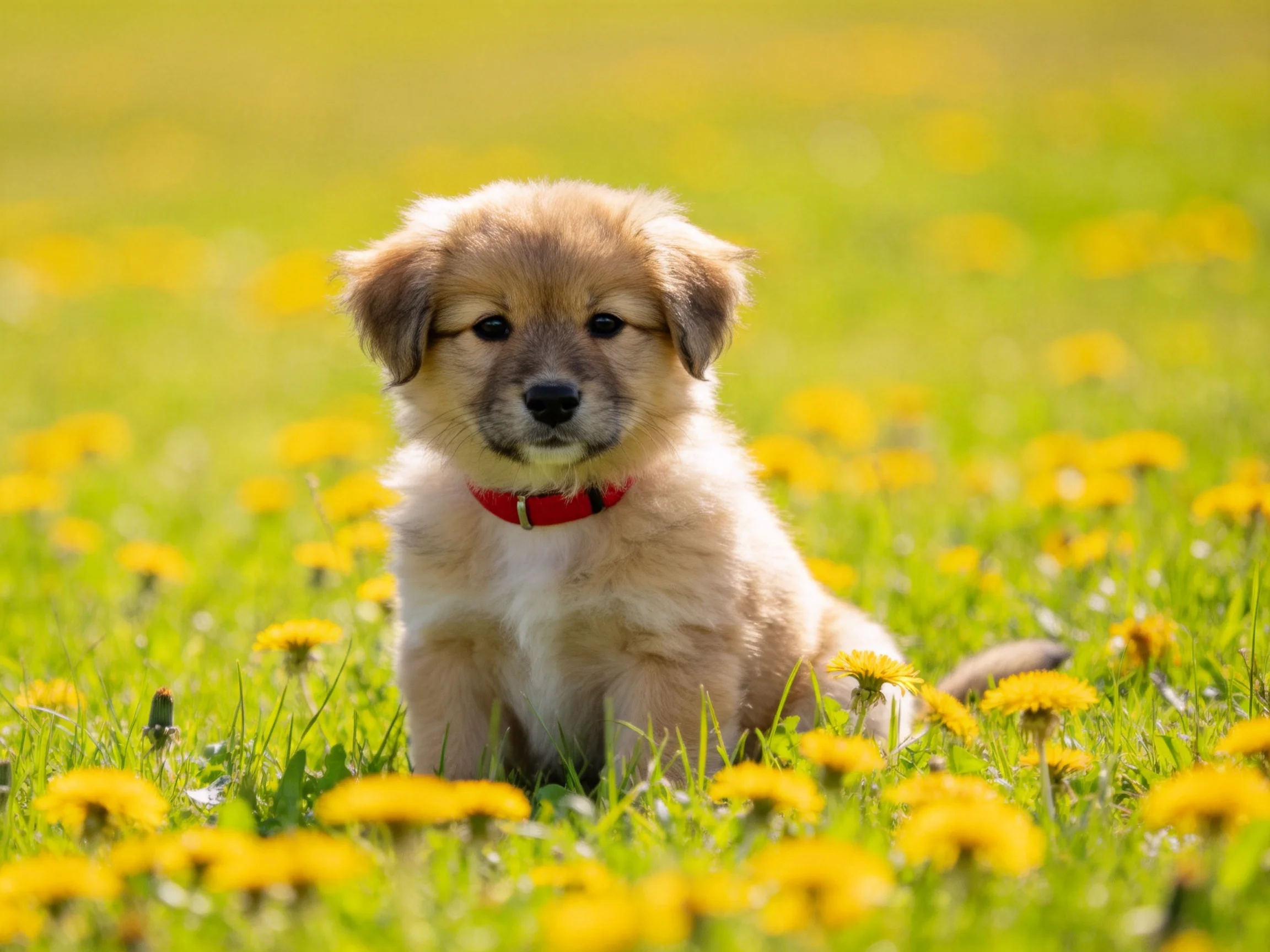 A small tan puppy sits calmly among yellow dandelions in a sunlit meadow.