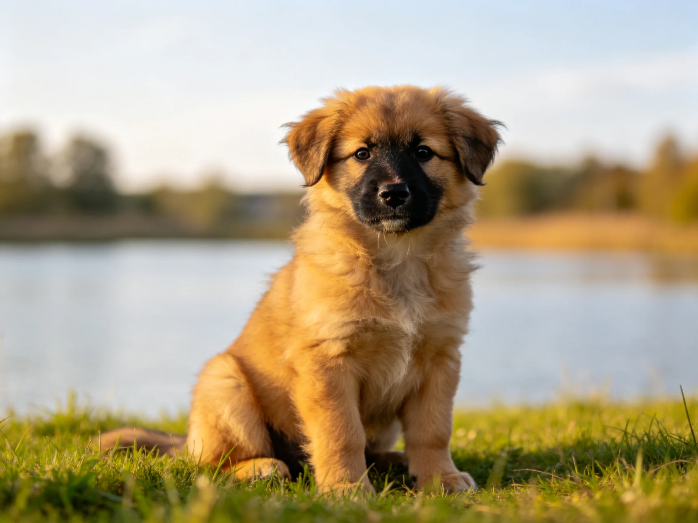 A fluffy tan puppy sits by a calm blue lake on green grass